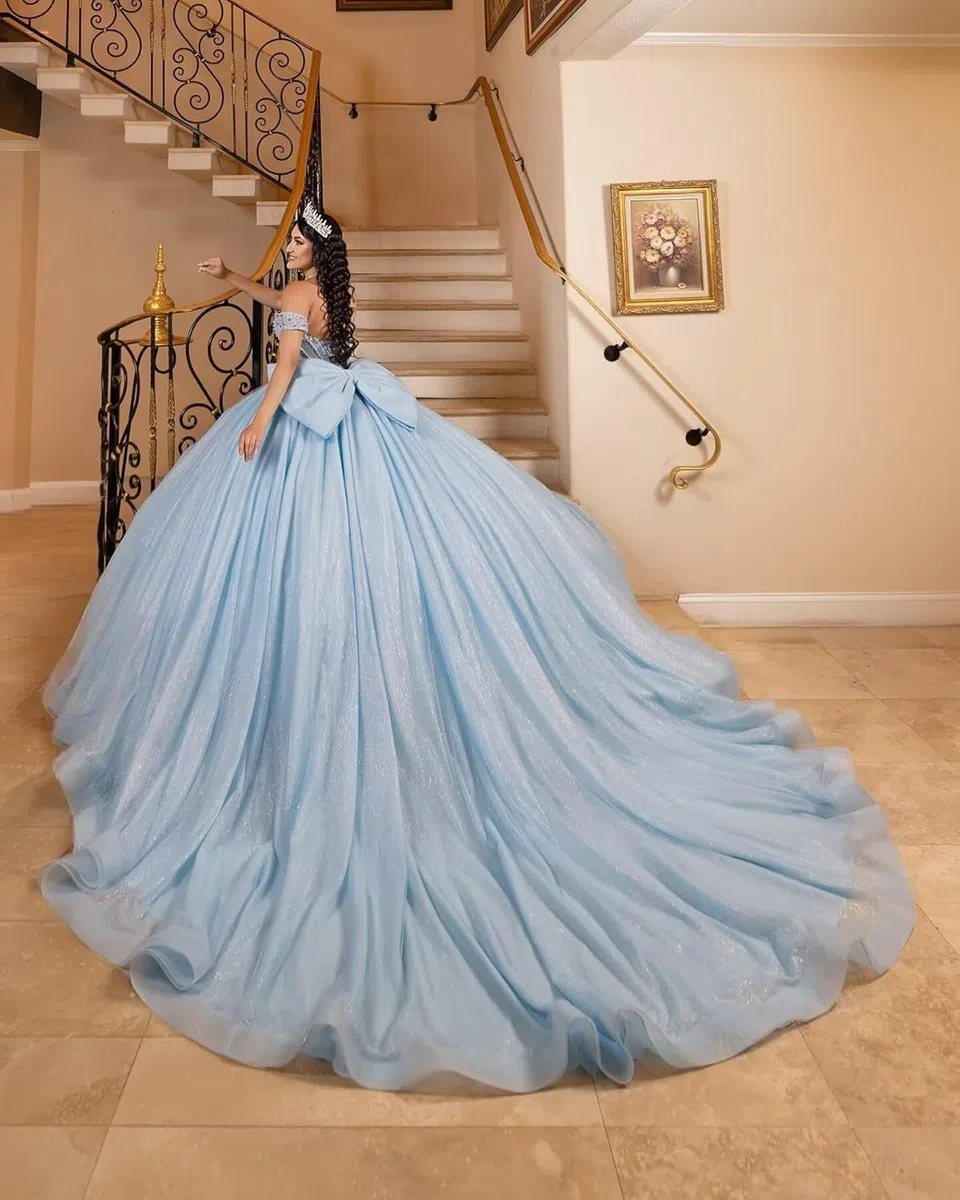 Vestidos de quinceañera con Brillo Lazo abullonados Cuentas Hombros Descubiertos Elegantes Vestidos de 16 años MT056