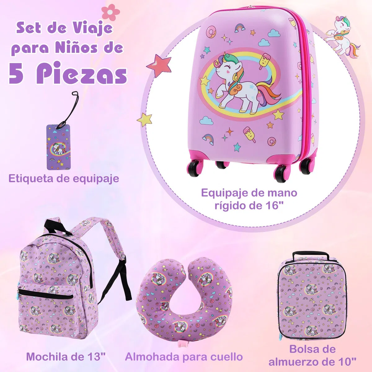 COSTWAY Maleta Cabina Niños de 5 Piezas, Maleta de Viaje Infantil con Mochila, Almohada para Cuello, Etiqueta de Equipaje, Bolsa de Almuerzo, Maleta niña con Ruedas Universales (Unicornio)
