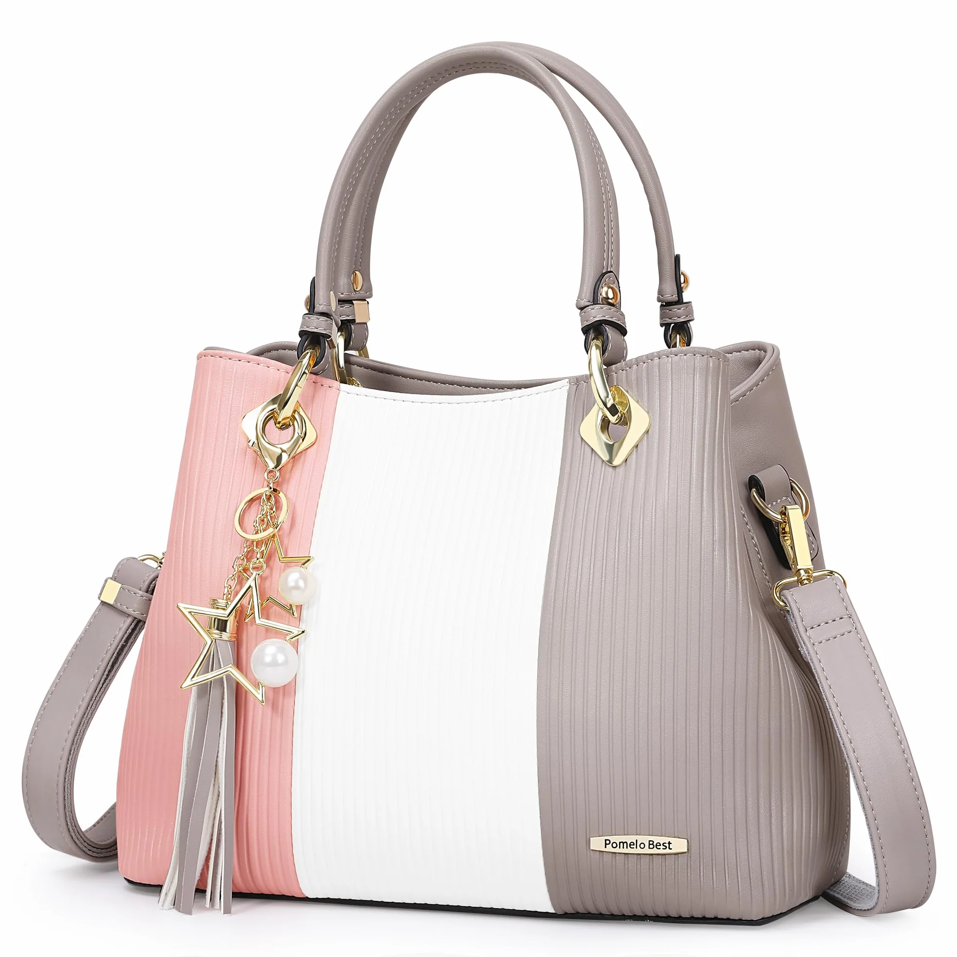 Pomelo Best Bolsos de Mujer, Bolso Señora Tote Multicolor Rayas PU Cuero Con Flecos Bolso Hombro Bolso Shopper perfecto para Trabajo, Diario Vida, Navidad y Fiesta ect (Rosa)