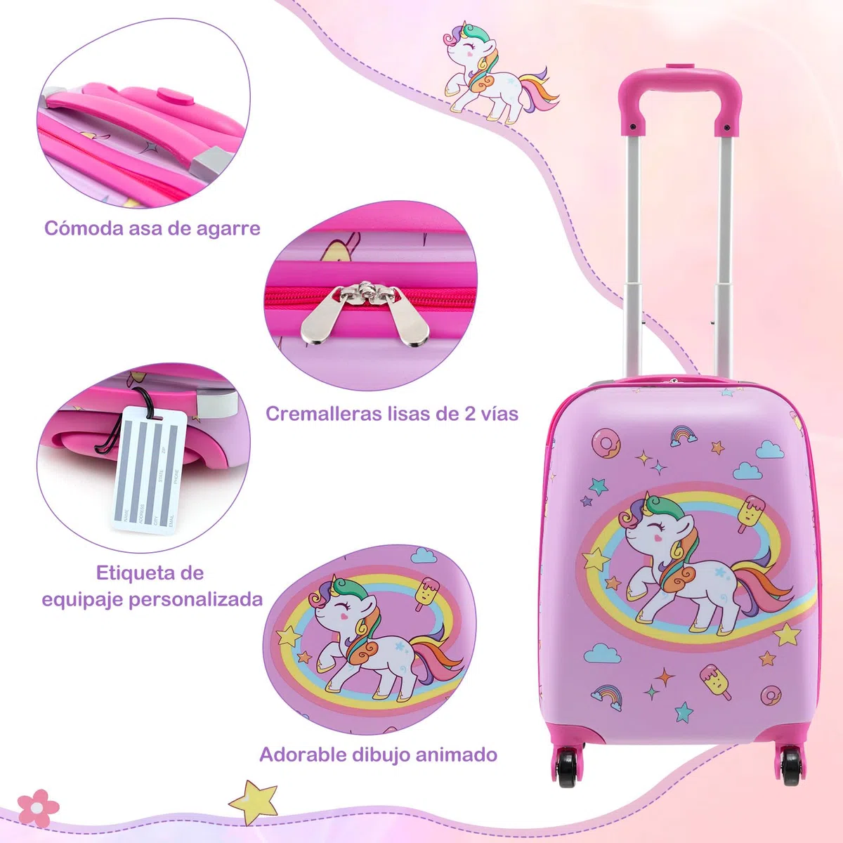 COSTWAY Maleta Cabina Niños de 5 Piezas, Maleta de Viaje Infantil con Mochila, Almohada para Cuello, Etiqueta de Equipaje, Bolsa de Almuerzo, Maleta niña con Ruedas Universales (Unicornio)