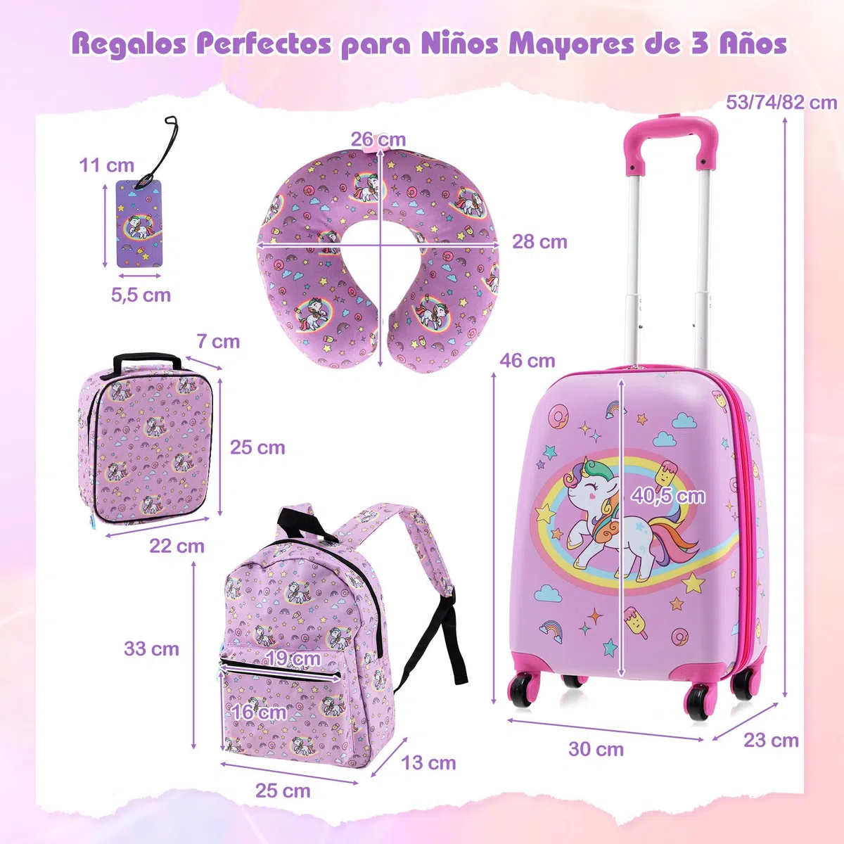 COSTWAY Maleta Cabina Niños de 5 Piezas, Maleta de Viaje Infantil con Mochila, Almohada para Cuello, Etiqueta de Equipaje, Bolsa de Almuerzo, Maleta niña con Ruedas Universales (Unicornio)