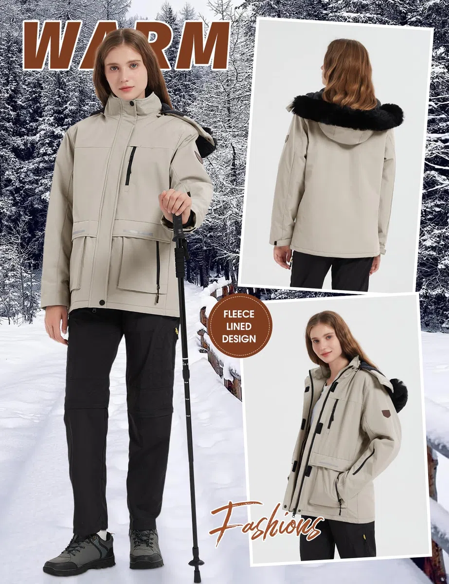 CMTOP Chaqueta Esqui Mujer Chaqueta Cálida de Invierno para Mujer al Aire Libre Abrigo Impermeable a Prueba de Viento Chaqueta de Esquí para Acampar con Capucha Desmontable