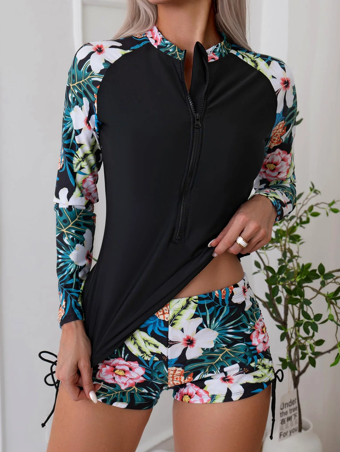 Owntop Traje de baño de 2 piezas para mujer, de manga larga, protección UV UPF 50+, camiseta de natación, chaleco de rash con cremallera, traje de baño floral con cintura alta, parte inferior para
