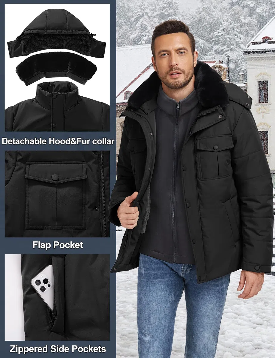 Tuopuda Abrigo Parka Térmico Hombre con Capucha Desmontable Chaqueta de Invierno para Hombre Parka Cortaviento con Cremallera