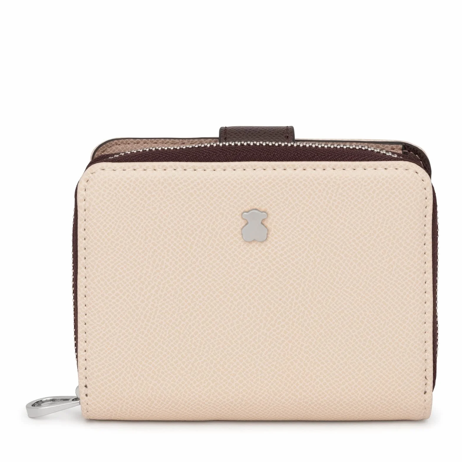 TOUS Cartera de Poliuretano con Efecto Saffiano en Marrón y Beige, Cierre Presión y Cremallera, Medidas 12 x 10 x 3 cm, Bonito y Chic, Colección Dubai