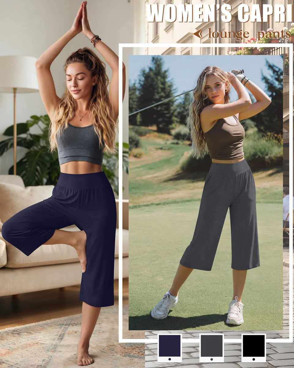 Neer Paquete de 3 Pantalones Capri de Mujer de Pierna Ancha y Cintura Alta, Estilo Cropped, Casuales y con Bolsillo.