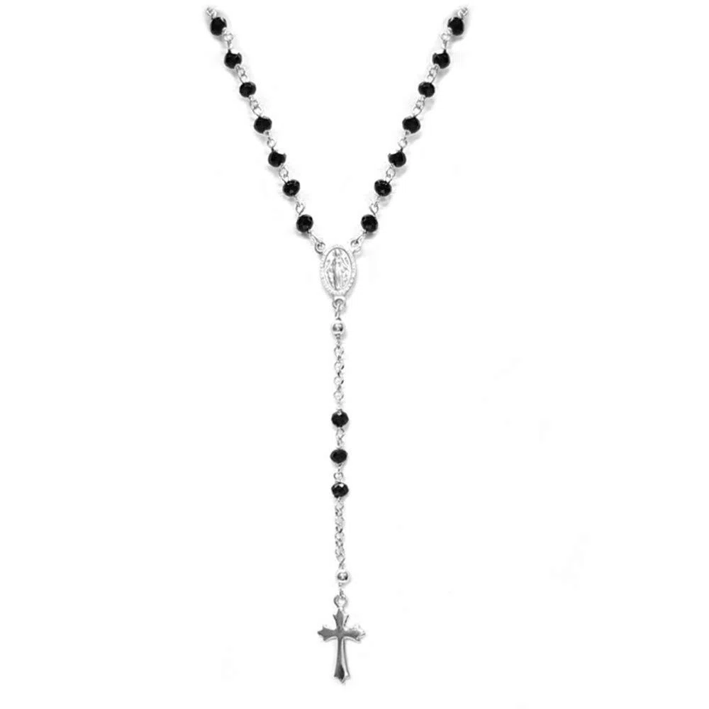 Linea Italia Gioielli - Collar Rosario Mujer en Plata 925 con Piedras Negras, Cruz y Medalla Virgen María - Joya Certificada Made in Italy