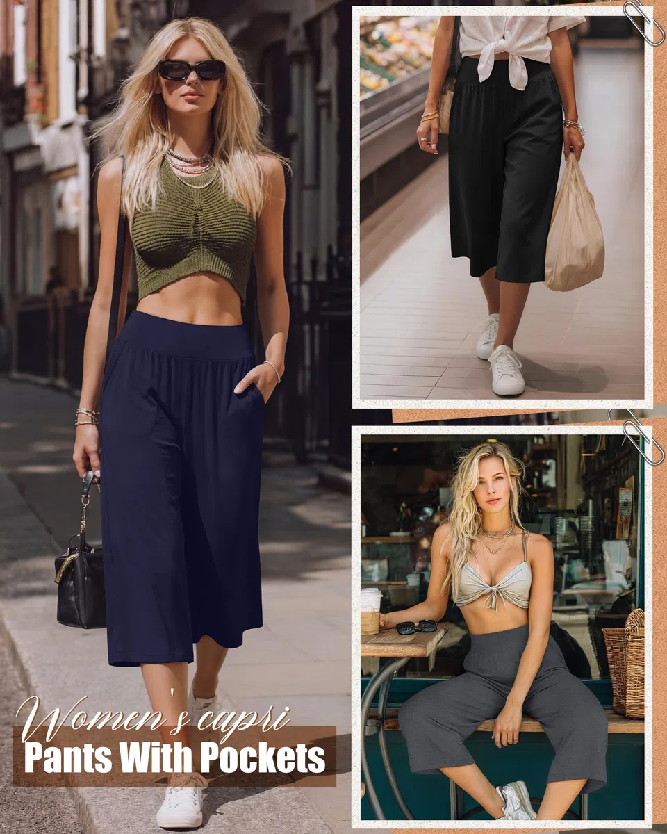 Neer Paquete de 3 Pantalones Capri de Mujer de Pierna Ancha y Cintura Alta, Estilo Cropped, Casuales y con Bolsillo.