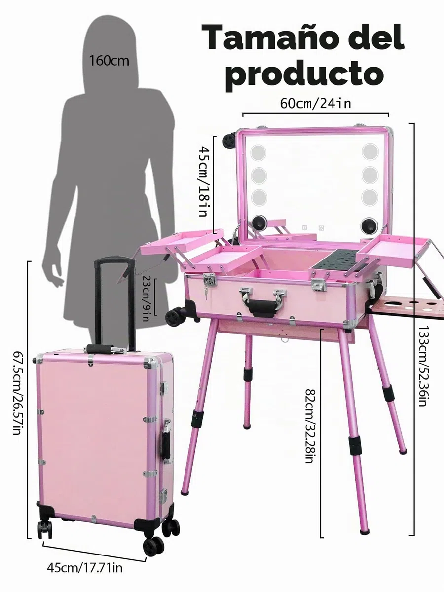 EBANKU Maleta de Maquillaje con Ruedas, Trolley con Luces LED y Bluetooth, Maletín Profesional de Aluminio para Maquilladores (Rosa)