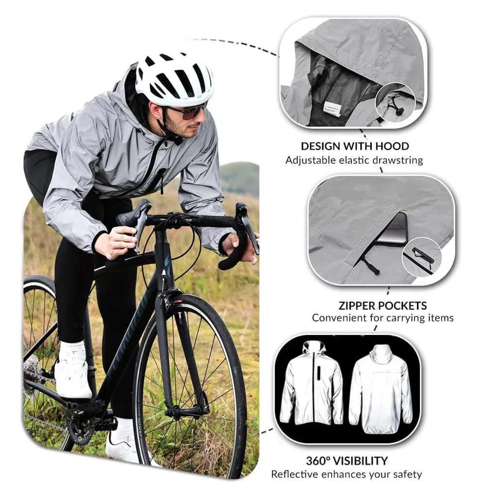 Reflectante Chaqueta Cortavientos para Mujer, Hombres Impermeable Transpirable Totalmente Chubasquero con Capucha & Bolsillos, para Bici, Patinete, Correr