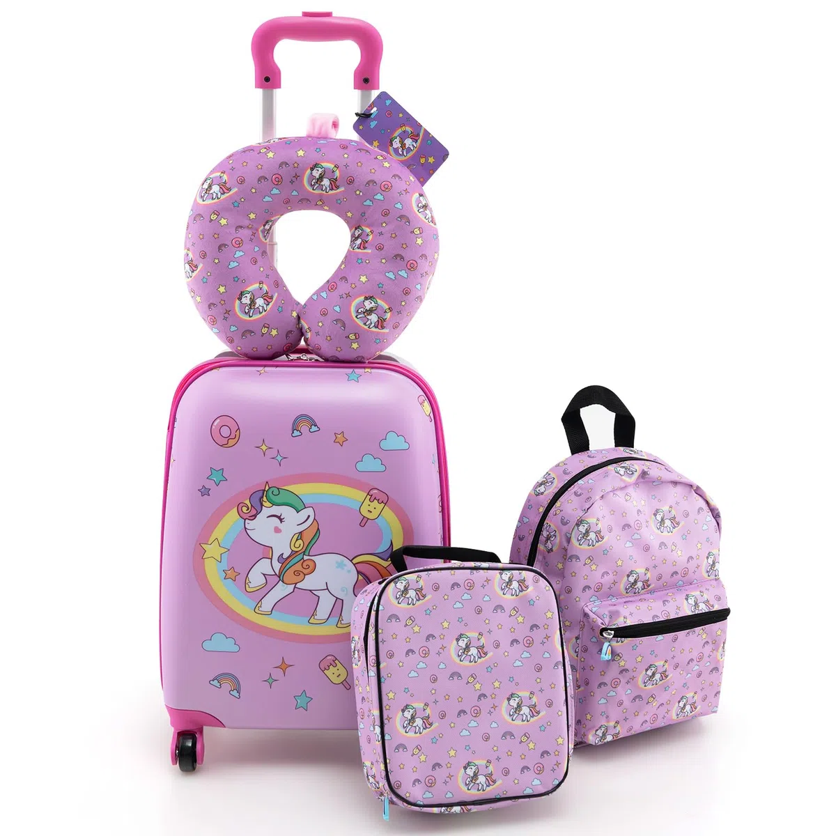 COSTWAY Maleta Cabina Niños de 5 Piezas, Maleta de Viaje Infantil con Mochila, Almohada para Cuello, Etiqueta de Equipaje, Bolsa de Almuerzo, Maleta niña con Ruedas Universales (Unicornio)