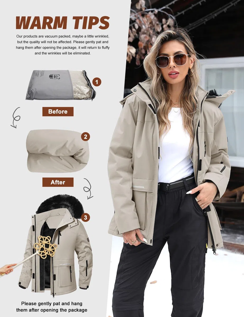 CMTOP Chaqueta Esqui Mujer Chaqueta Cálida de Invierno para Mujer al Aire Libre Abrigo Impermeable a Prueba de Viento Chaqueta de Esquí para Acampar con Capucha Desmontable