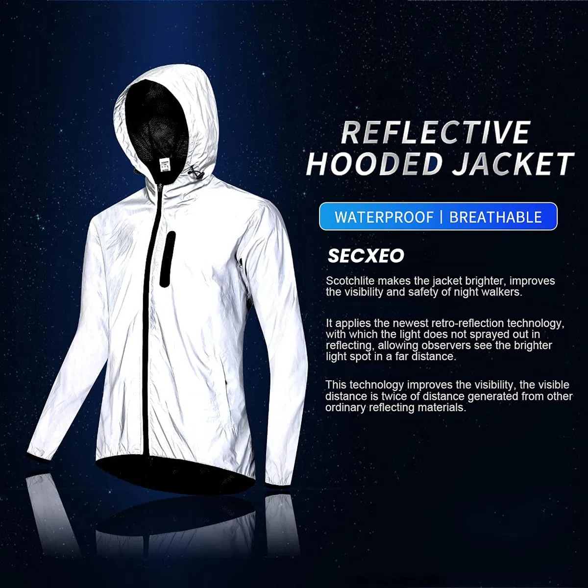 Reflectante Chaqueta Cortavientos para Mujer, Hombres Impermeable Transpirable Totalmente Chubasquero con Capucha & Bolsillos, para Bici, Patinete, Correr