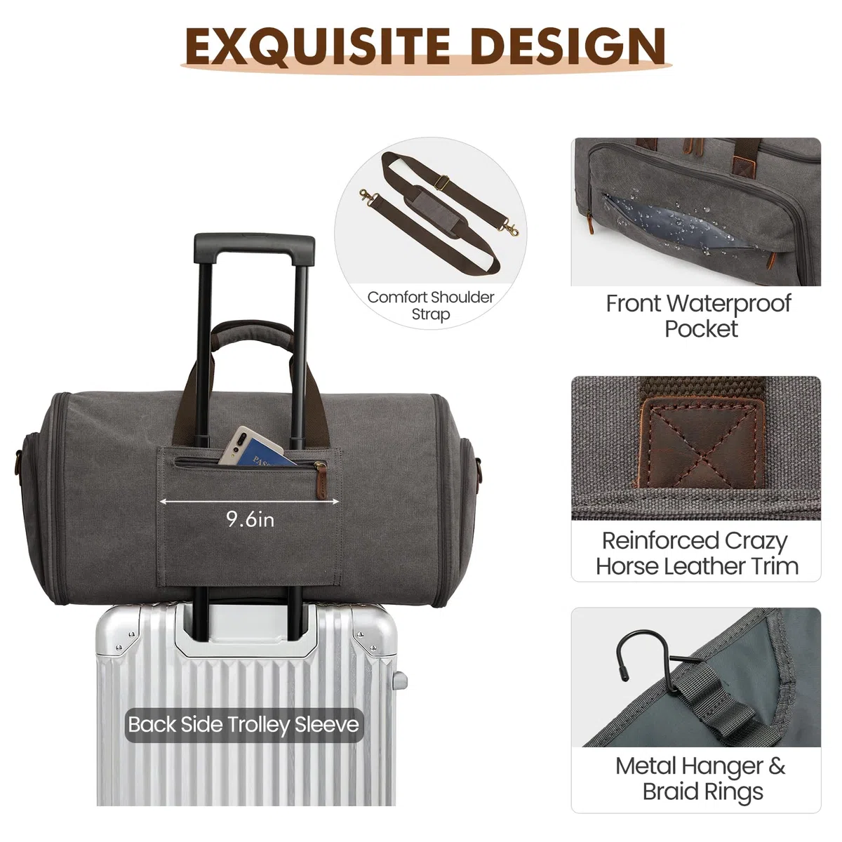 S-Zone Bolsa de Equipaje de Mano para Viajes, Bolsa de Ropa Convertible, Bolsa de Viaje, Bolsa de Traje para Hombres y Mujeres, 2 en 1, Maleta Colgante, Bolsa de Viaje de Negocios con Neceser, Gris