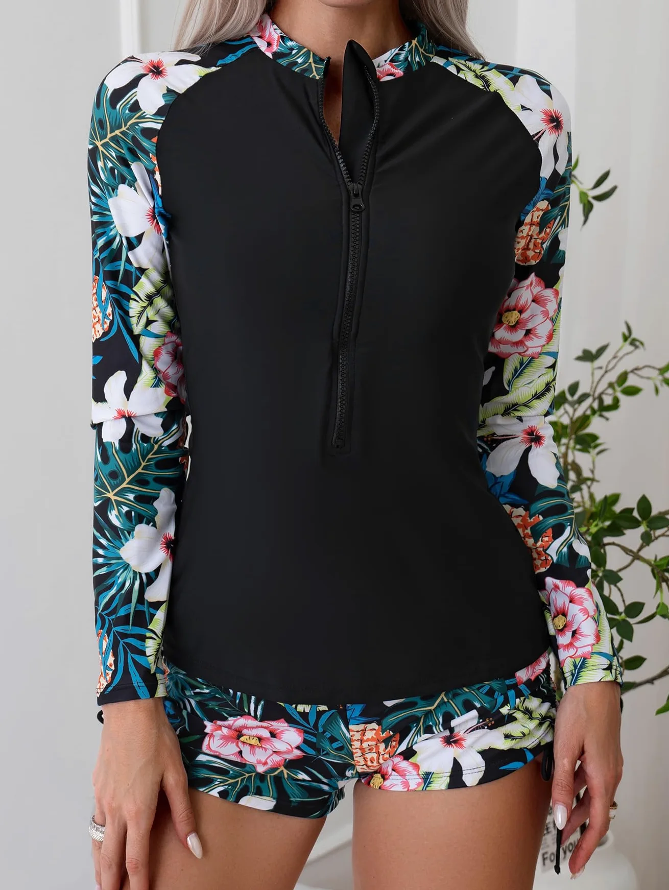 Owntop Traje de baño de 2 piezas para mujer, de manga larga, protección UV UPF 50+, camiseta de natación, chaleco de rash con cremallera, traje de baño floral con cintura alta, parte inferior para