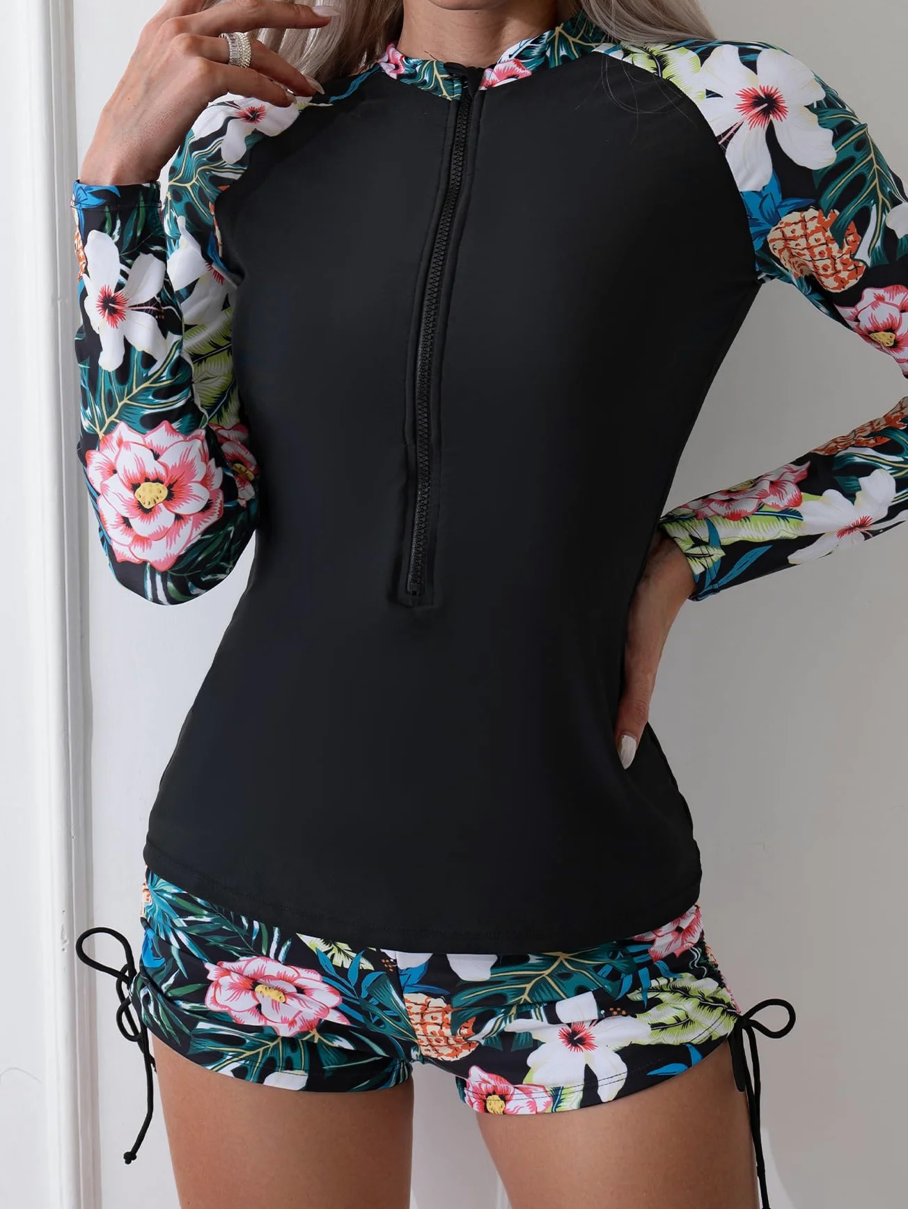 Owntop Traje de baño de 2 piezas para mujer, de manga larga, protección UV UPF 50+, camiseta de natación, chaleco de rash con cremallera, traje de baño floral con cintura alta, parte inferior para