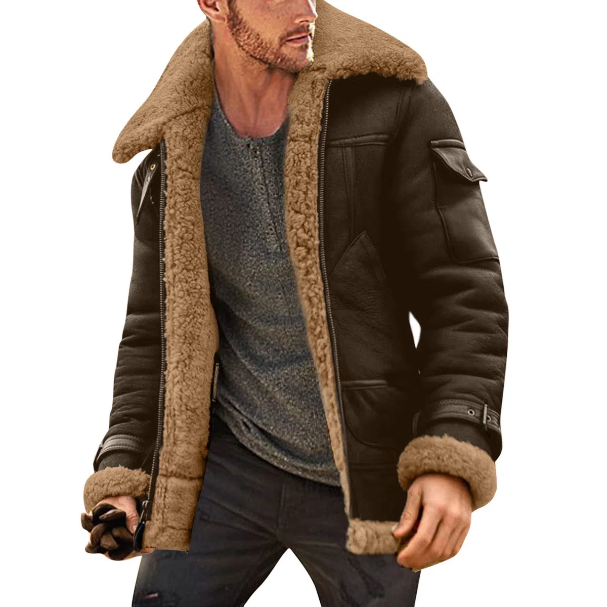 Abrigo De Invierno Talla Grande para Hombre, Chaqueta Cuero Acolchada Manga Larga con Cuello Solapa, Grueso Vintage, Oveja Deportiva