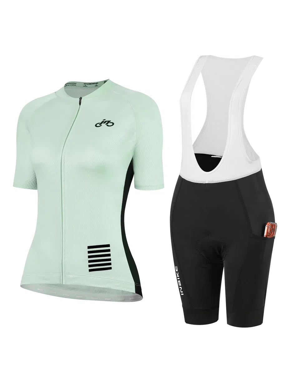 INBIKE Conjunto de maillot de ciclismo para mujer Culotte acolchado + maillot de ciclismo con 3 bolsillos Manga corta Verano Transpirable Secado rápido Suave Agradable al tacto DM
