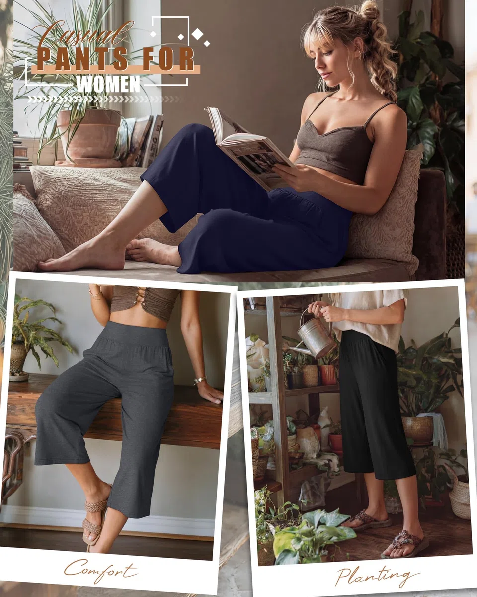 Neer Paquete de 3 Pantalones Capri de Mujer de Pierna Ancha y Cintura Alta, Estilo Cropped, Casuales y con Bolsillo.
