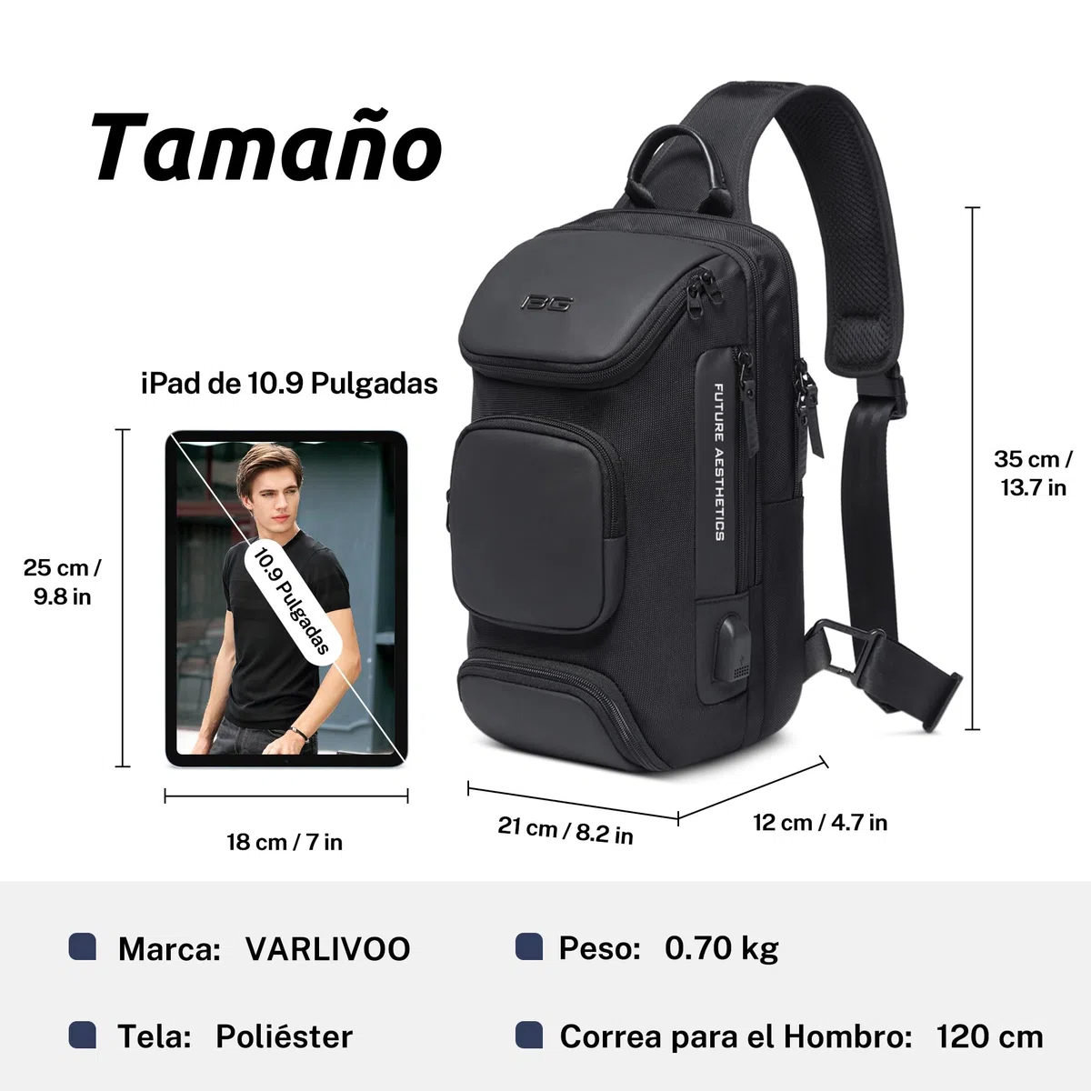 VARLIVOO Bolsos de Hombro para Hombre Bolsos Cruzados USB Port Sling Bag Bandolera Bolsa de Pecho Crossbody Bolsa Alta Capacidad Viajar Impermeable Poliéster Sling Backpack Negro