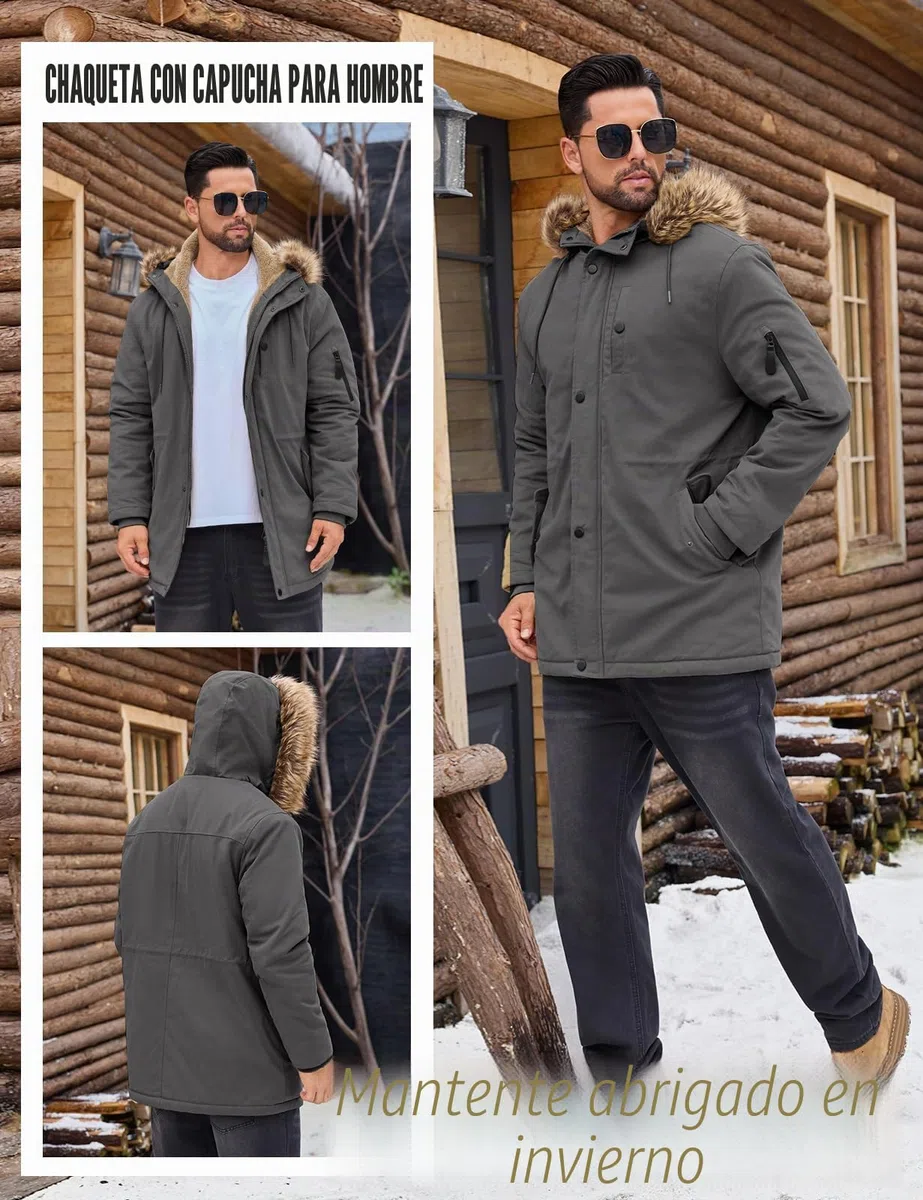 Lonya Abrigo Hombre Invierno Chaquetas de Algodón Forro Polar Cálido Parka Gruesa Cuello De Piel Desmontable Militar Exteriores Prueba de Viento Cazadora con Capucha Integrada Bolsillos Múltiples
