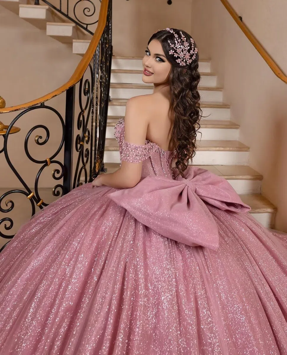 Vestidos de quinceañera con Brillo Lazo abullonados Cuentas Hombros Descubiertos Elegantes Vestidos de 16 años MT056