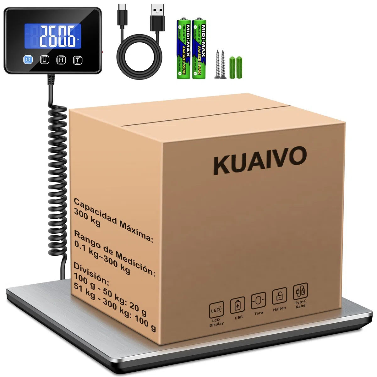 Bascula Industrial, Bascula Maletas Viaje de 300kg/20g con Función de Retención/Tara, Báscula con Pantalla LCD para Paquetes, Equipaje y Almacén, Incluye 2 Baterías AAA y Cable de Carga