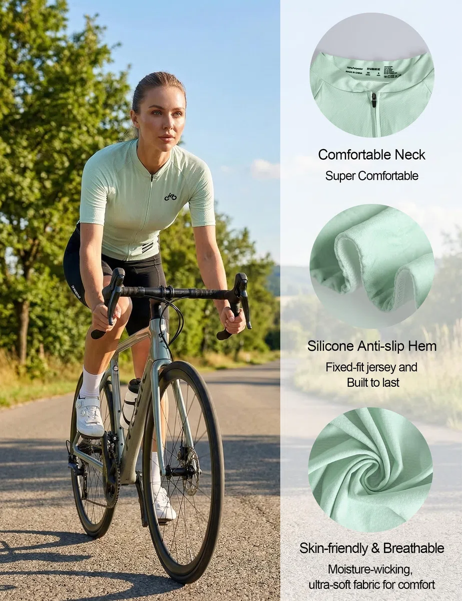 INBIKE Conjunto de maillot de ciclismo para mujer Culotte acolchado + maillot de ciclismo con 3 bolsillos Manga corta Verano Transpirable Secado rápido Suave Agradable al tacto DM