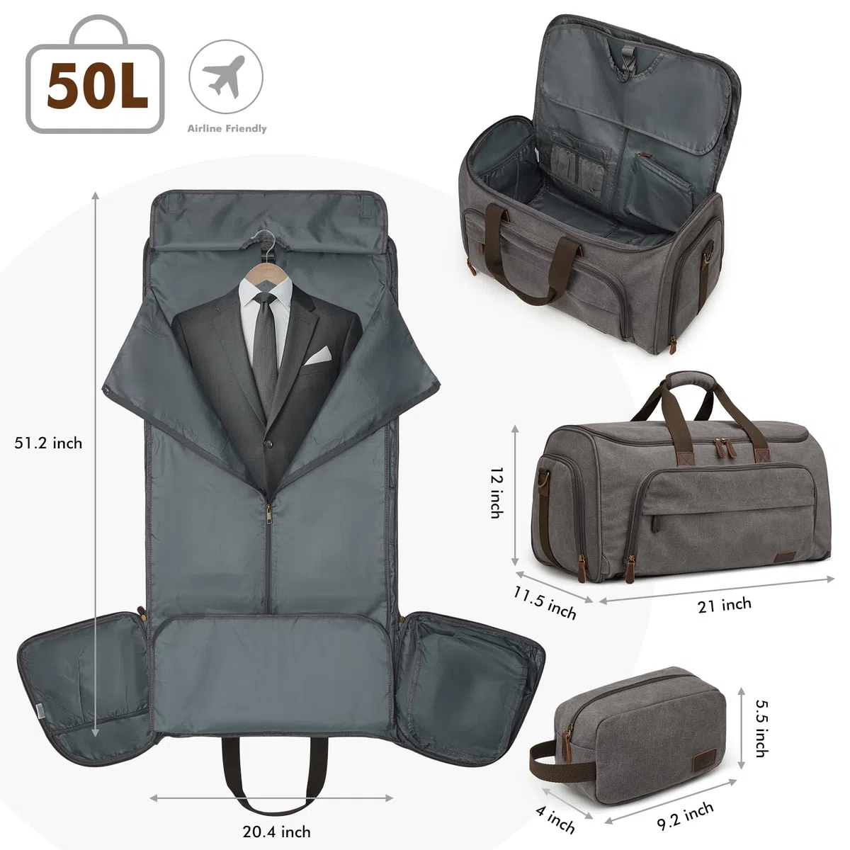 S-Zone Bolsa de Equipaje de Mano para Viajes, Bolsa de Ropa Convertible, Bolsa de Viaje, Bolsa de Traje para Hombres y Mujeres, 2 en 1, Maleta Colgante, Bolsa de Viaje de Negocios con Neceser, Gris