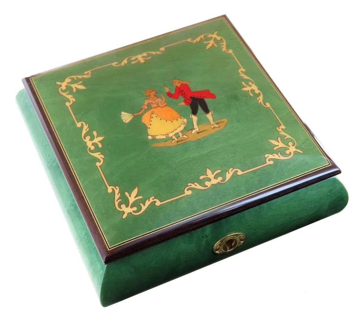 Caja de música para joyas/joyero musical de madera teñida verde claro con marquetería bailarines y mecanismo musical de resorte de 18 notas - El vals de Amélie Poulain (Yann Tiersen).