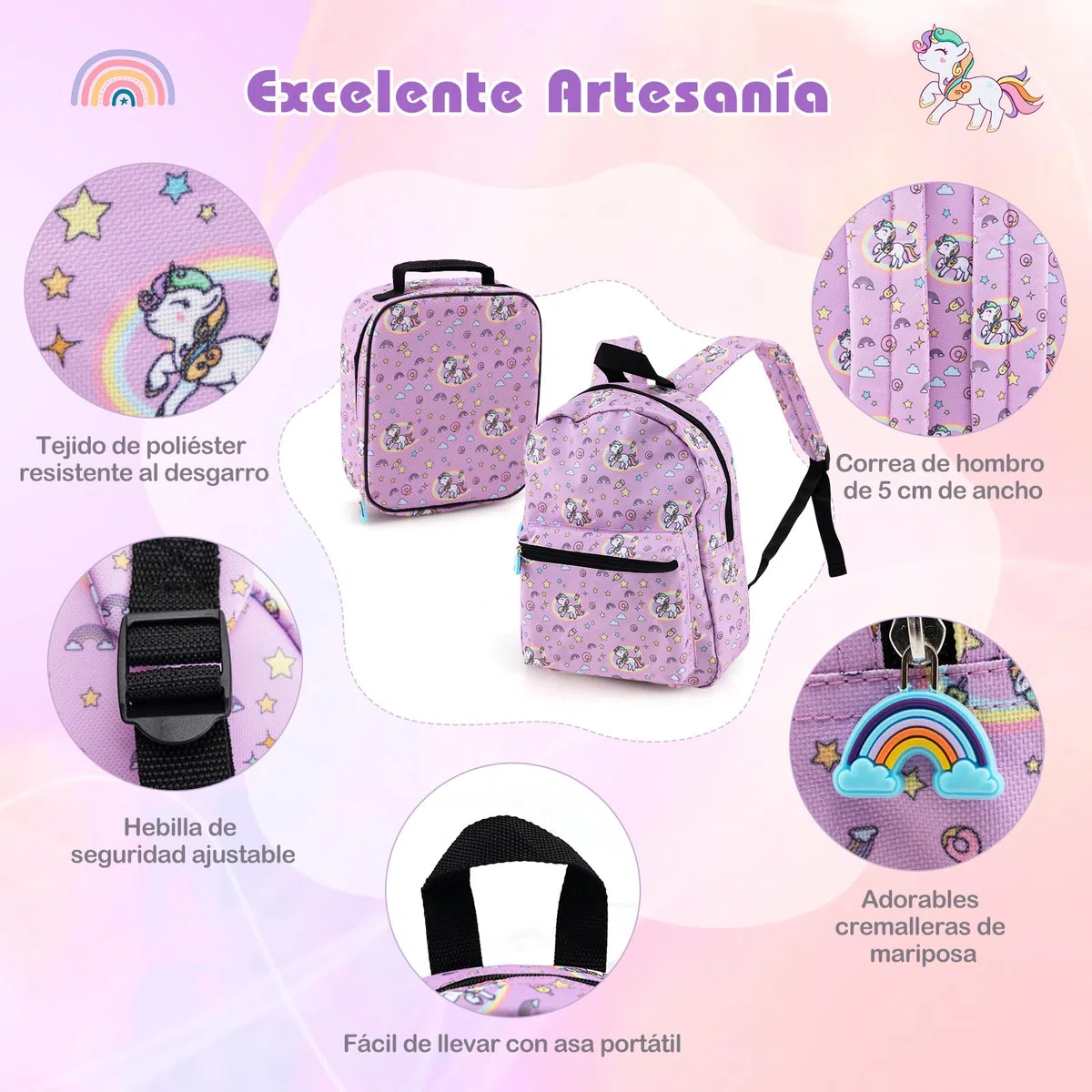COSTWAY Maleta Cabina Niños de 5 Piezas, Maleta de Viaje Infantil con Mochila, Almohada para Cuello, Etiqueta de Equipaje, Bolsa de Almuerzo, Maleta niña con Ruedas Universales (Unicornio)
