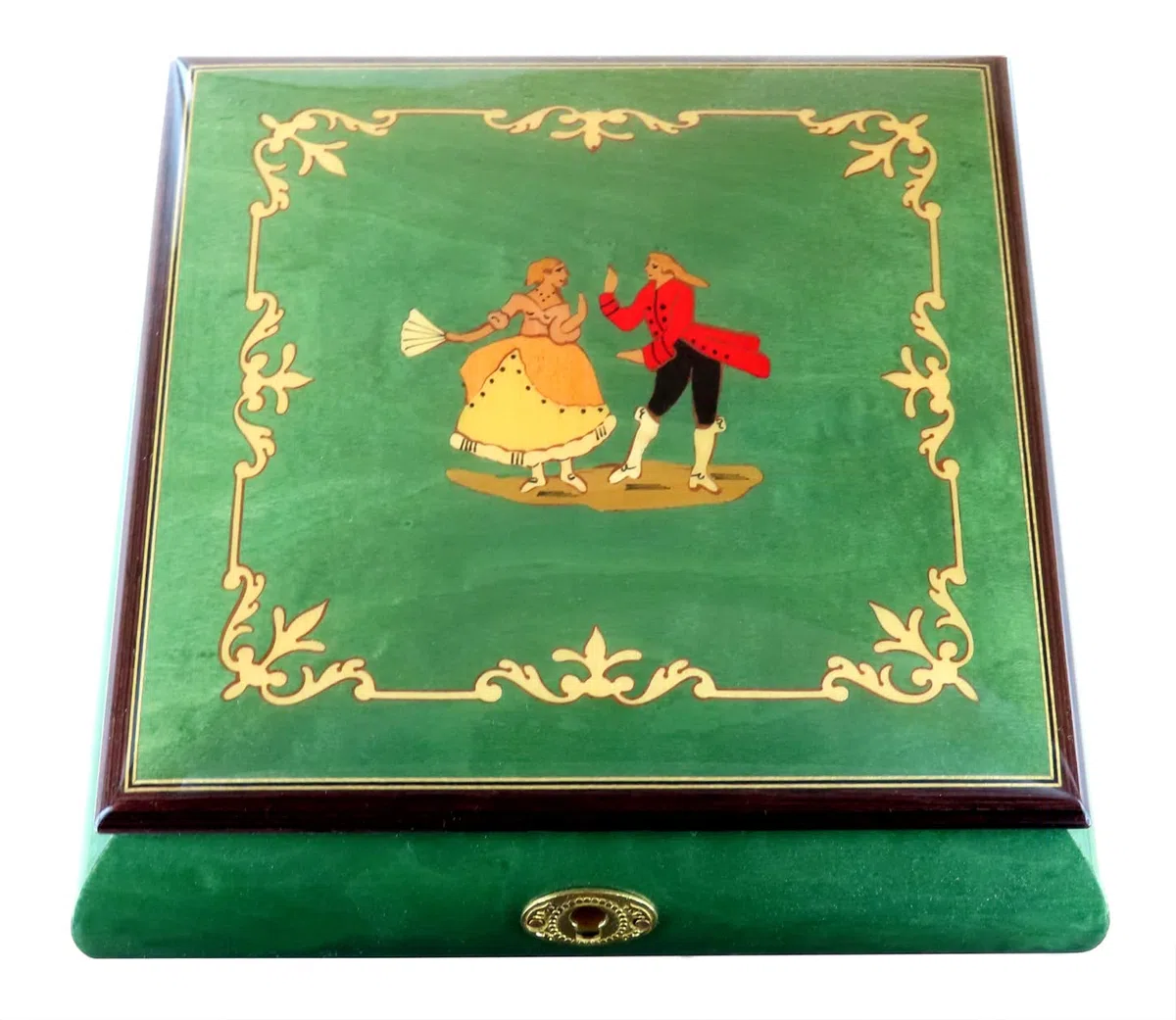 Caja de música para joyas/joyero musical de madera teñida verde claro con marquetería bailarines y mecanismo musical de resorte de 18 notas - El vals de Amélie Poulain (Yann Tiersen).
