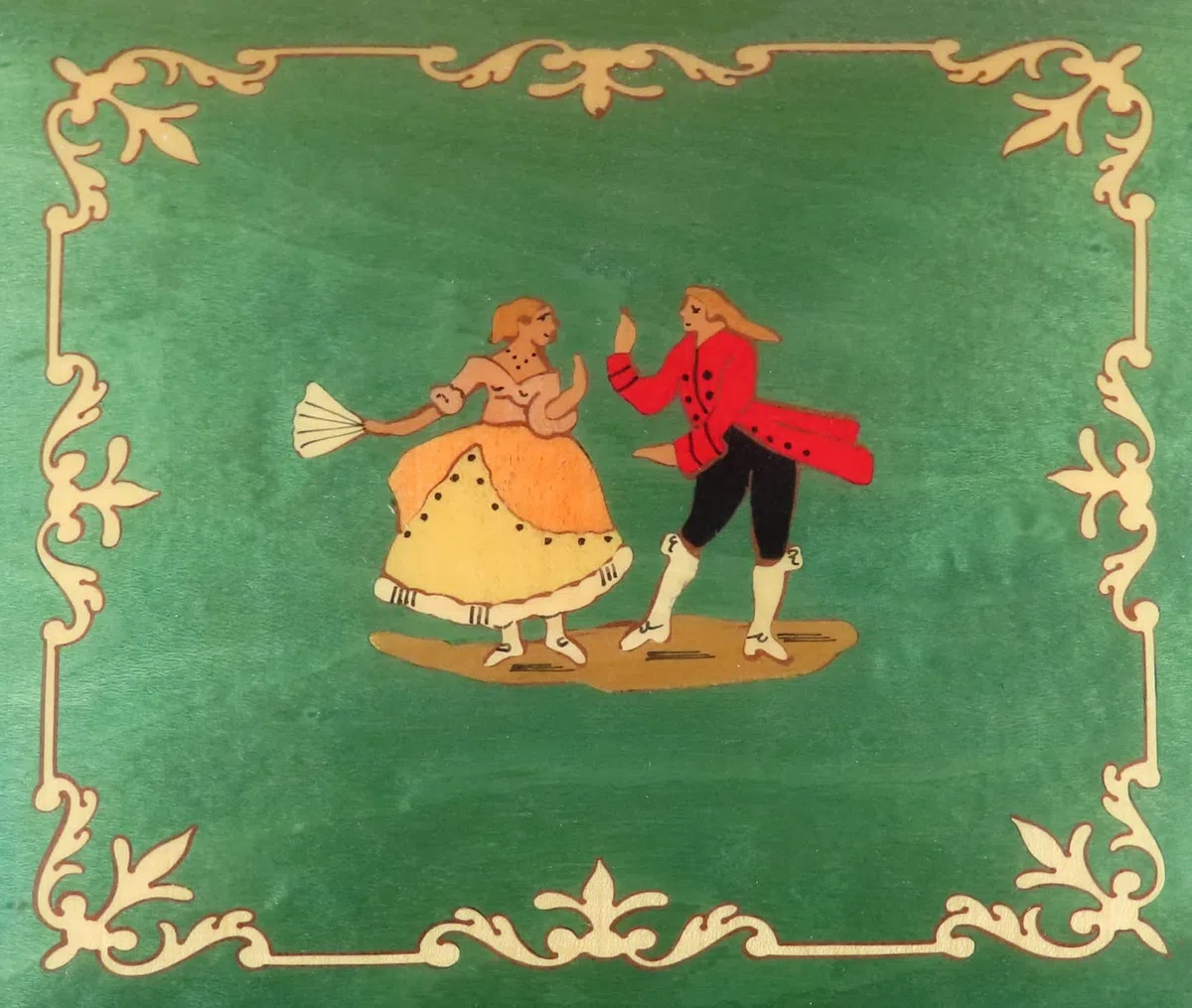 Caja de música para joyas/joyero musical de madera teñida verde claro con marquetería bailarines y mecanismo musical de resorte de 18 notas - El vals de Amélie Poulain (Yann Tiersen).