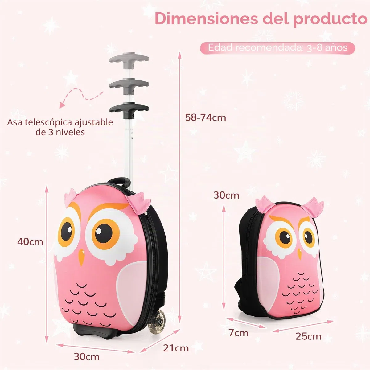 SOARS Juego de Maleta Infantil Niños, 16 '' Maleta + 12 '' Mochila, Maleta Cabina Ruedas y Asa Telescópica, Aprobado por Aerolíneas, Equipaje de Mano (Búho)