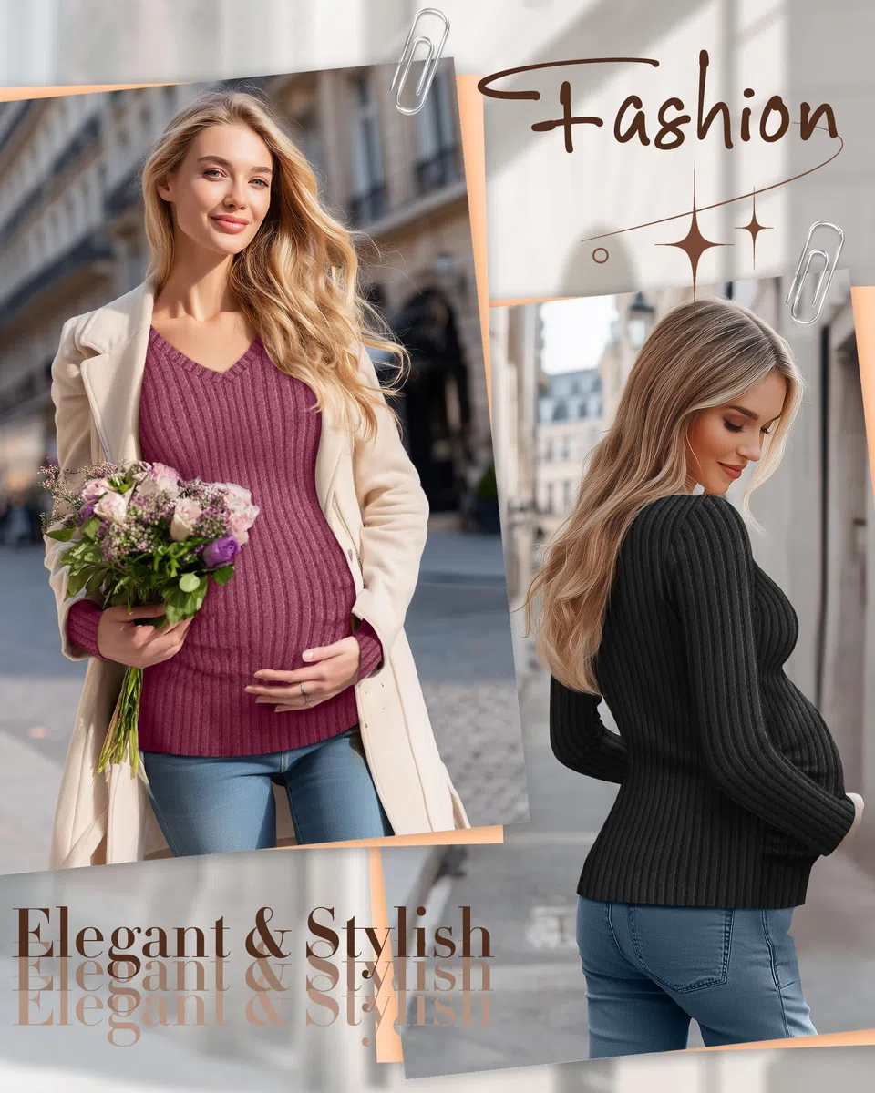 Ficerd Camisetas de Maternidad 3 Piezas, Ropa de Embarazo de Manga Larga, Cuello en V, suéter Acanalado para mamá