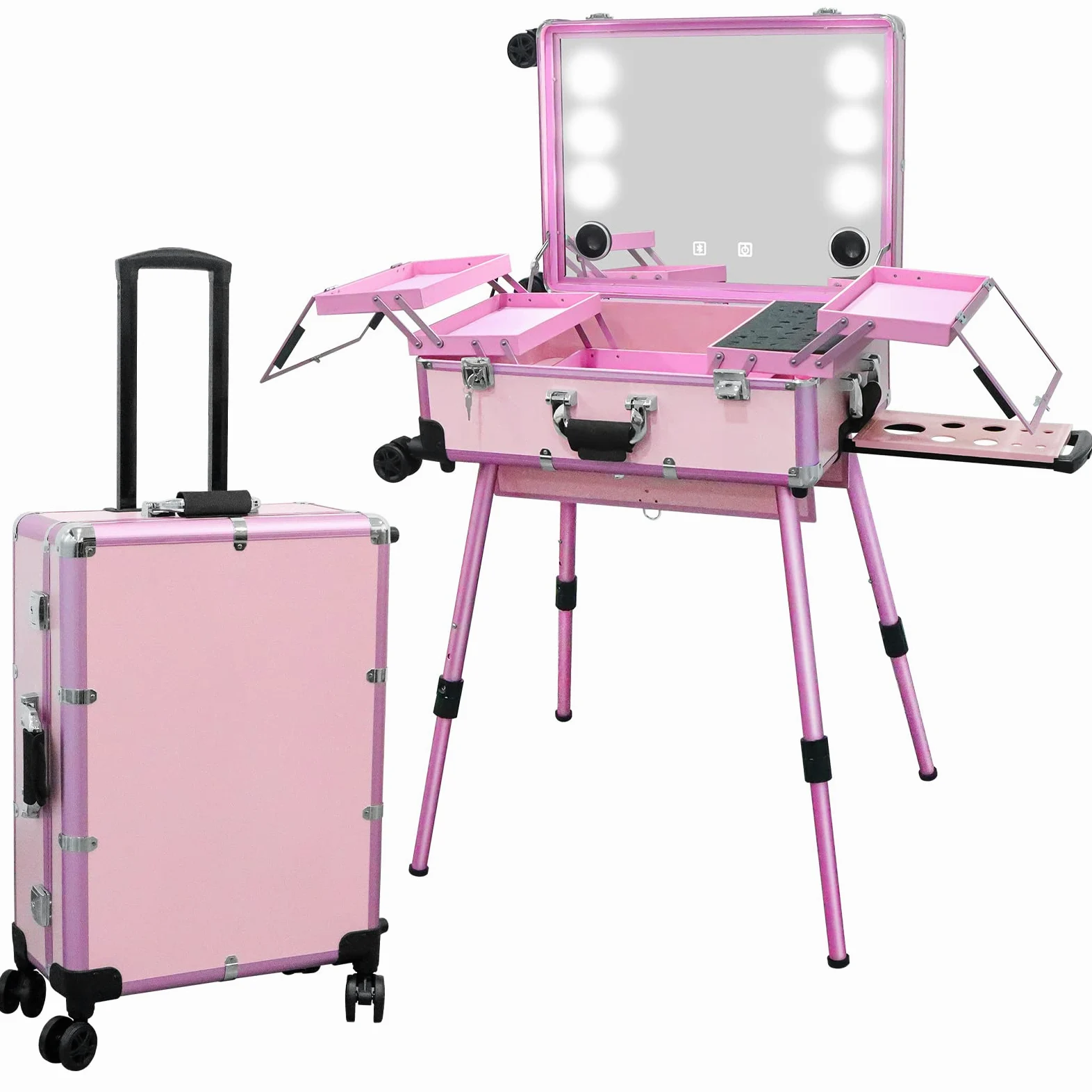 EBANKU Maleta de Maquillaje con Ruedas, Trolley con Luces LED y Bluetooth, Maletín Profesional de Aluminio para Maquilladores (Rosa)