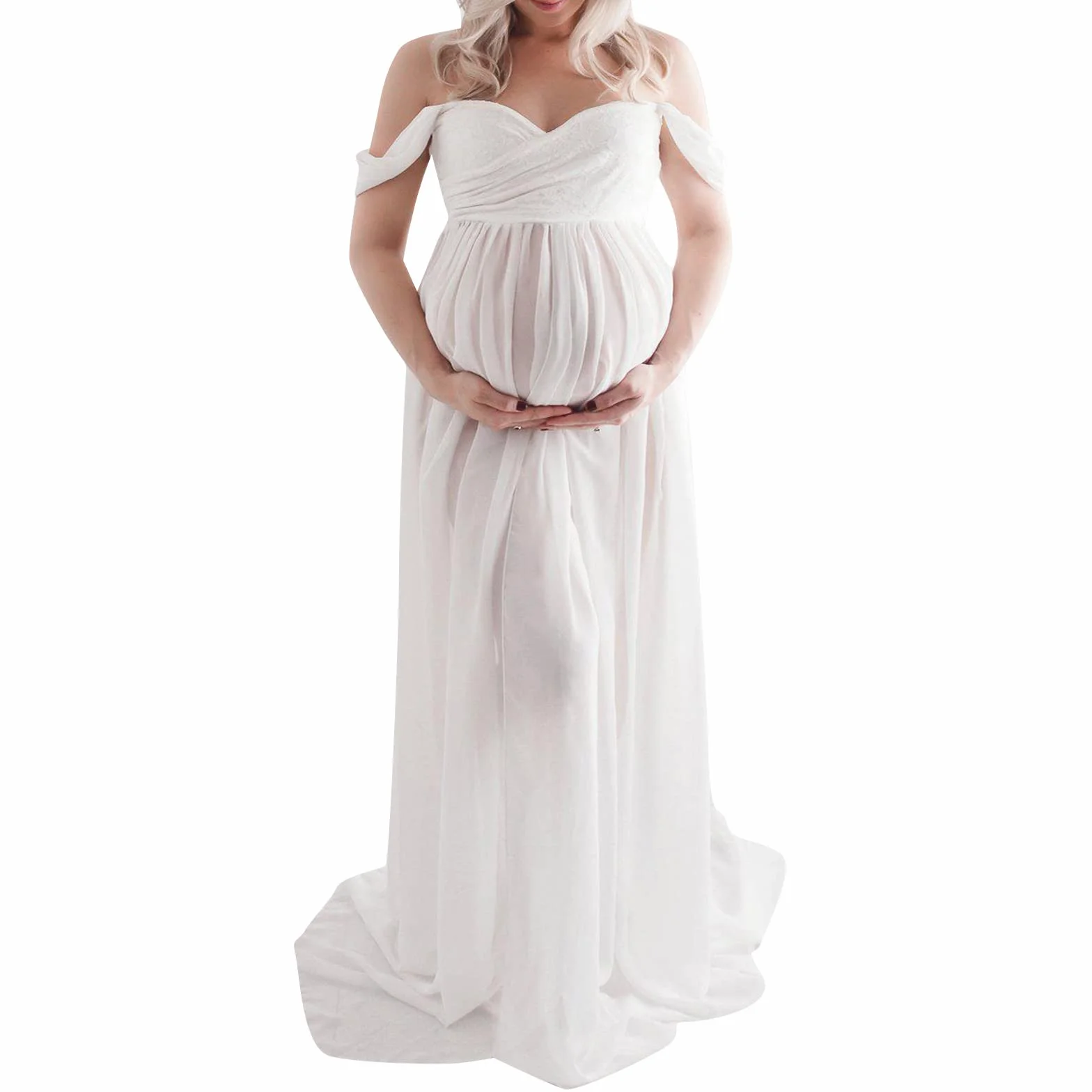 Loalirando Vestido de Embarazo Shooting Foto de Gasa Ligera, Vestido de Maternidad Maxi-Largo Hombro Desnudo para Fotografía