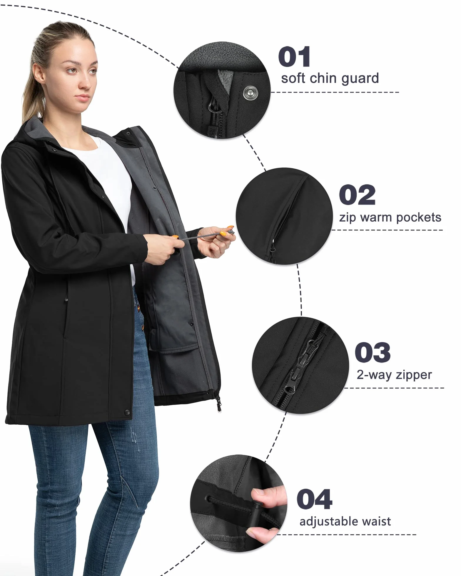 33,000ft Chaqueta Softshell Larga Impermeable Ligera para Mujer, Chaqueta de Lluvia con Capucha, Chaqueta Funcional Cortaviento, Actividades al Aire Libre Senderismo