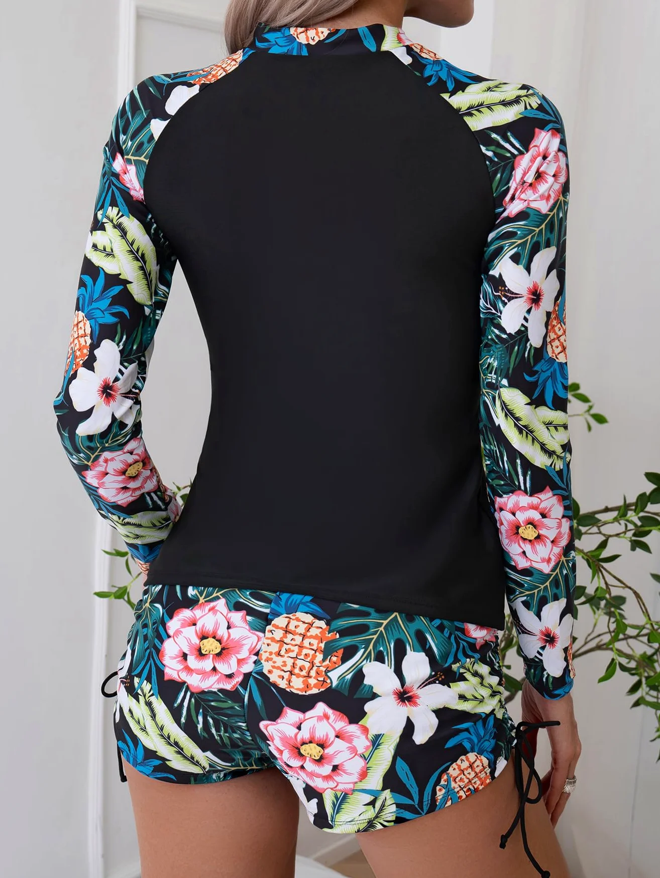Owntop Traje de baño de 2 piezas para mujer, de manga larga, protección UV UPF 50+, camiseta de natación, chaleco de rash con cremallera, traje de baño floral con cintura alta, parte inferior para