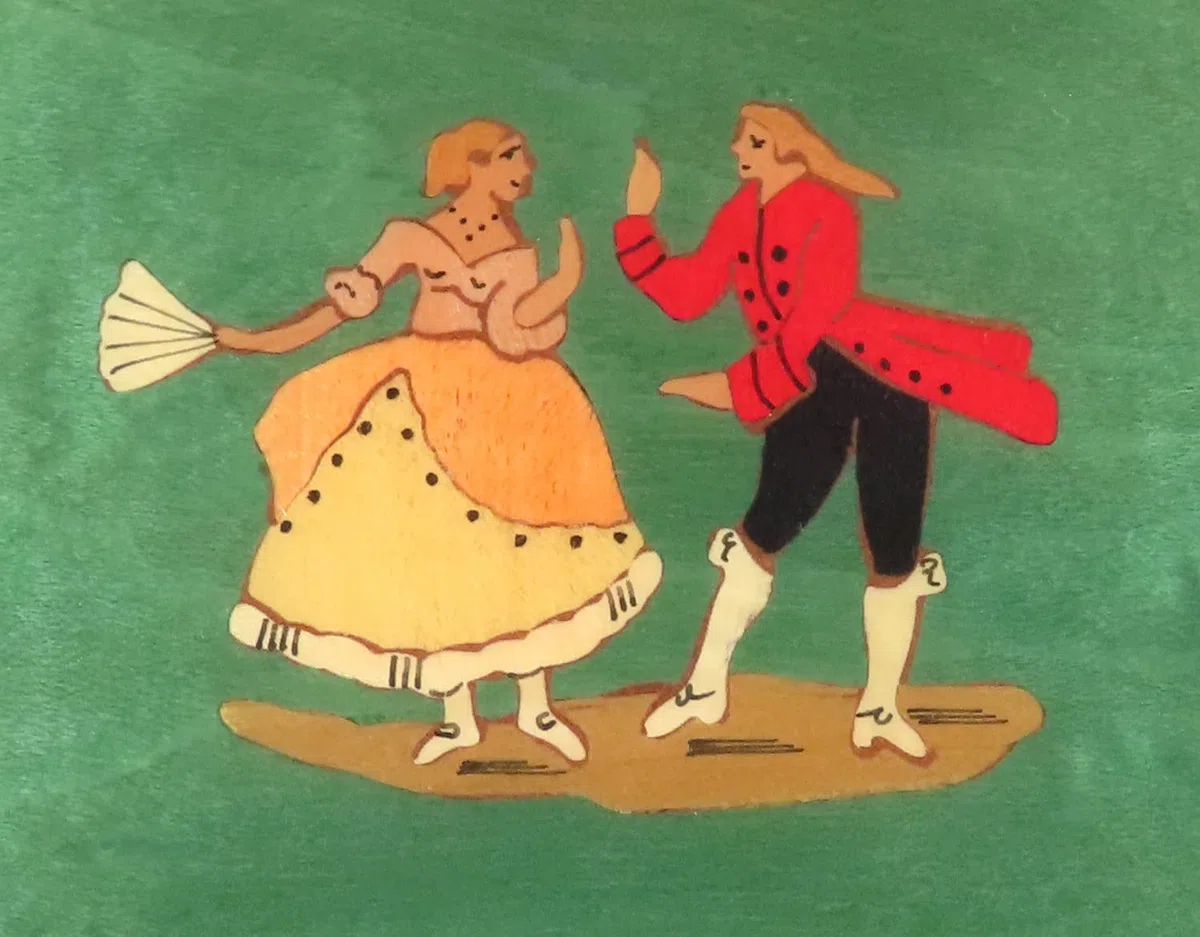 Caja de música para joyas/joyero musical de madera teñida verde claro con marquetería bailarines y mecanismo musical de resorte de 18 notas - El vals de Amélie Poulain (Yann Tiersen).