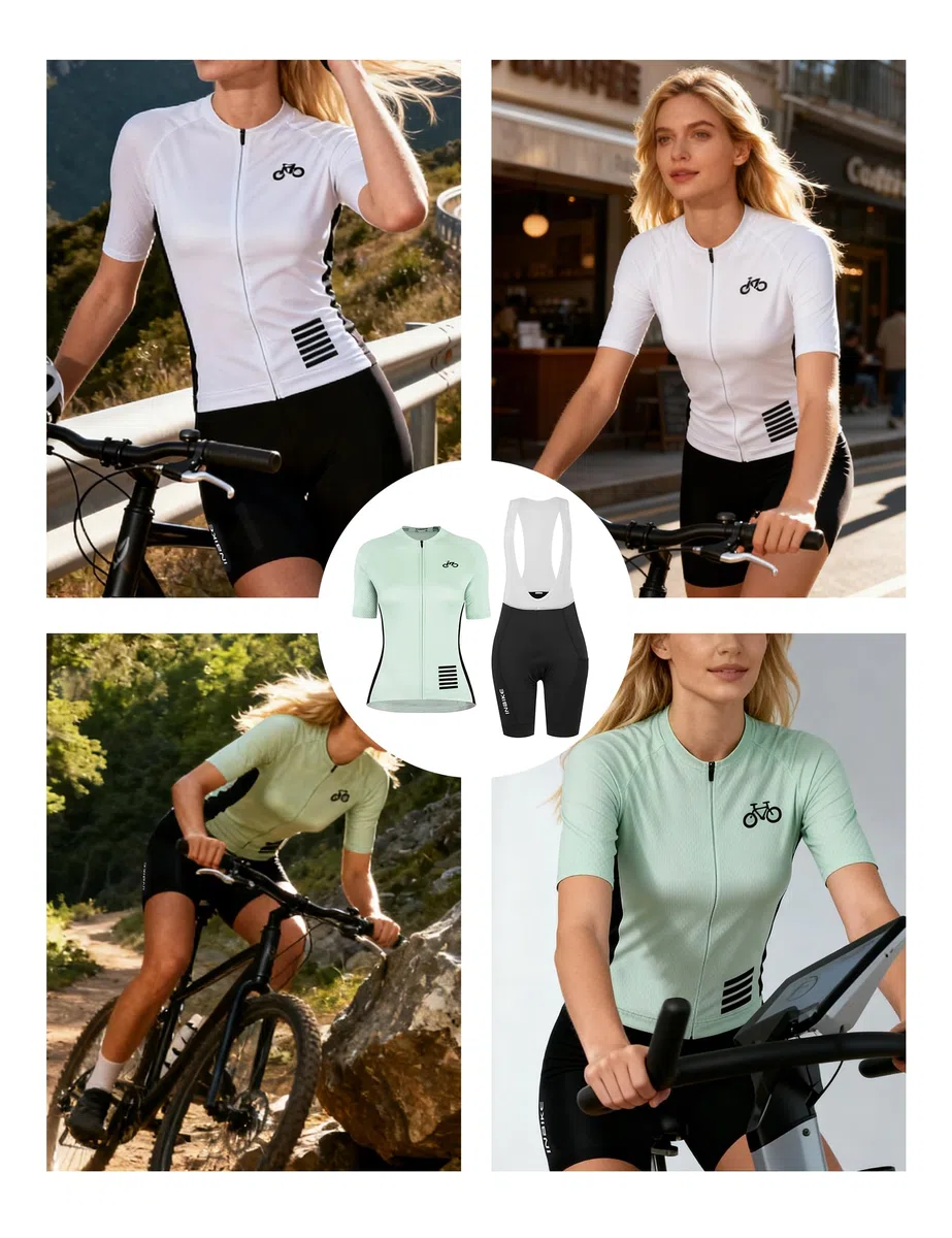 INBIKE Conjunto de maillot de ciclismo para mujer Culotte acolchado + maillot de ciclismo con 3 bolsillos Manga corta Verano Transpirable Secado rápido Suave Agradable al tacto DM