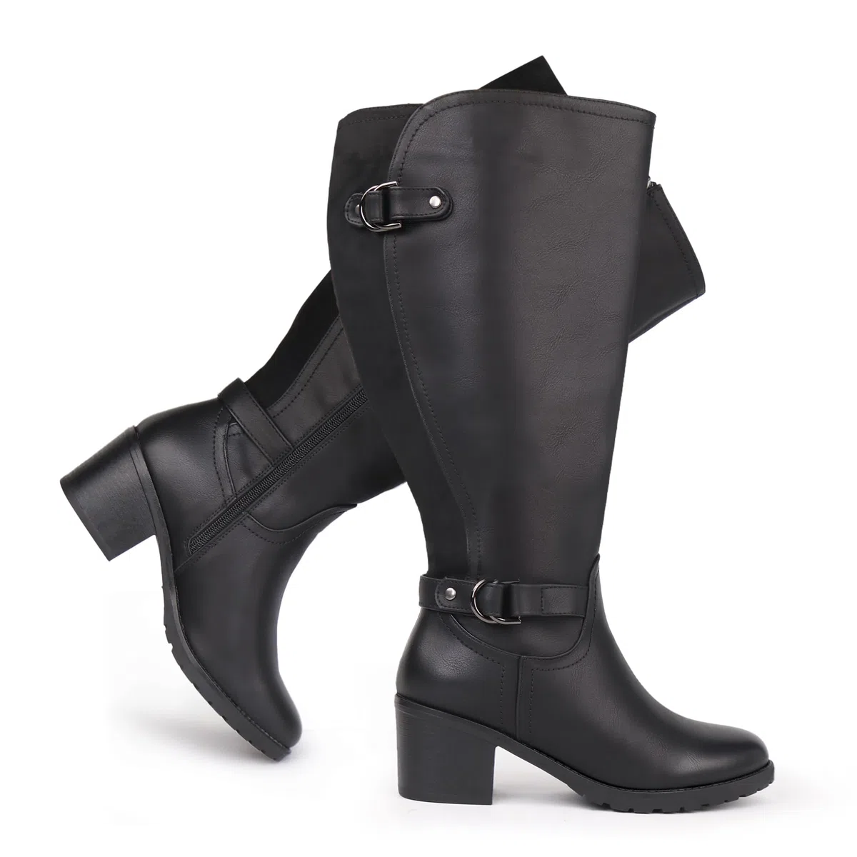 Botas altas de montar para mujer, de caña ancha, con tacón cuadrado y doble hebilla decorada
