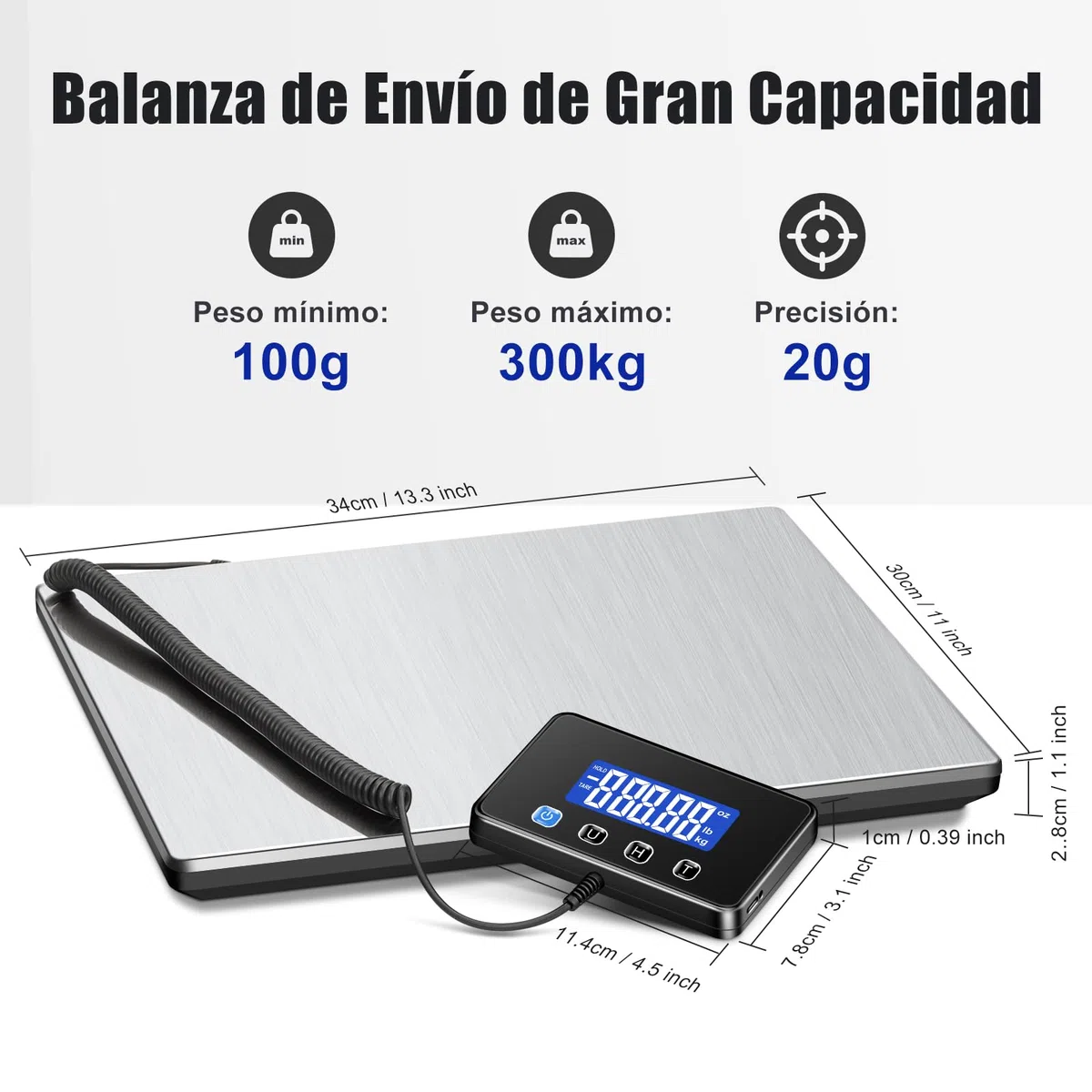 Bascula Industrial, Bascula Maletas Viaje de 300kg/20g con Función de Retención/Tara, Báscula con Pantalla LCD para Paquetes, Equipaje y Almacén, Incluye 2 Baterías AAA y Cable de Carga