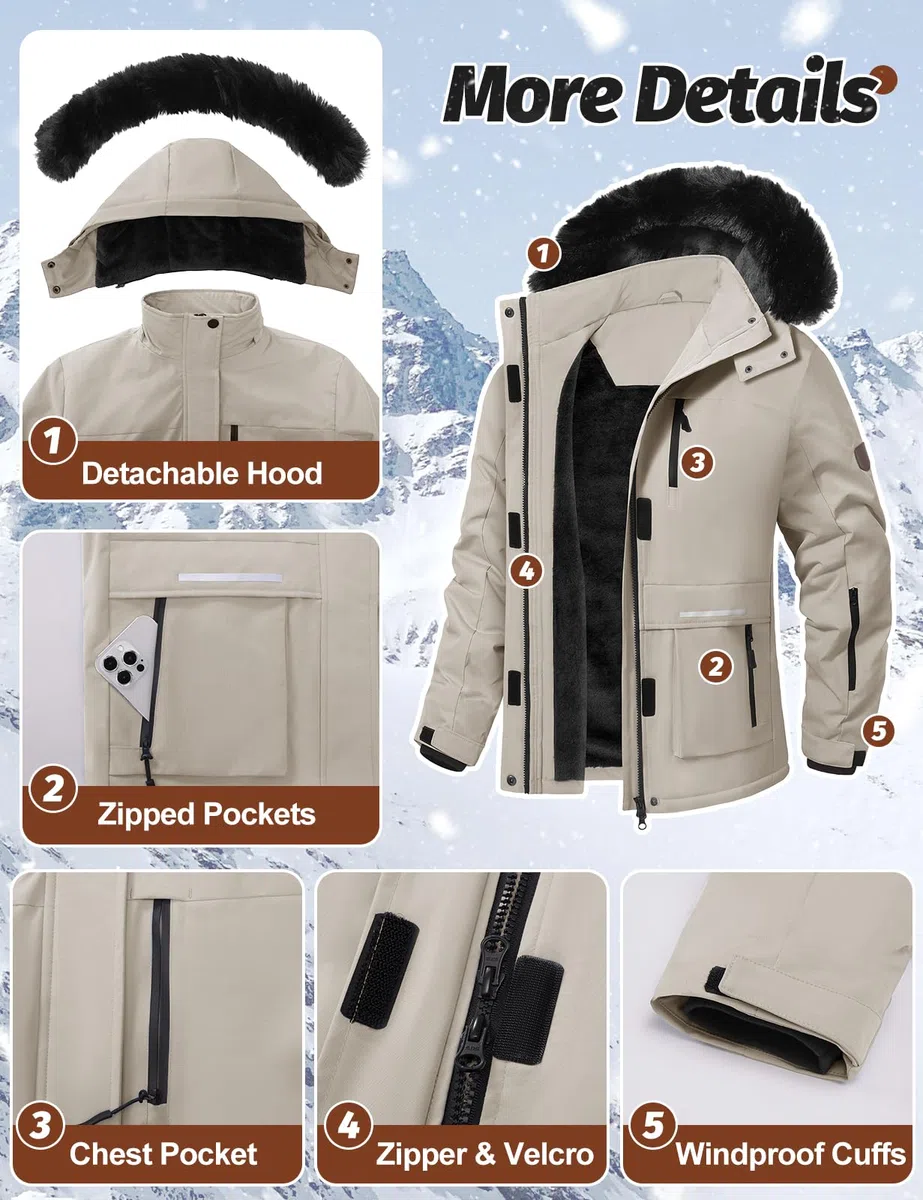 CMTOP Chaqueta Esqui Mujer Chaqueta Cálida de Invierno para Mujer al Aire Libre Abrigo Impermeable a Prueba de Viento Chaqueta de Esquí para Acampar con Capucha Desmontable
