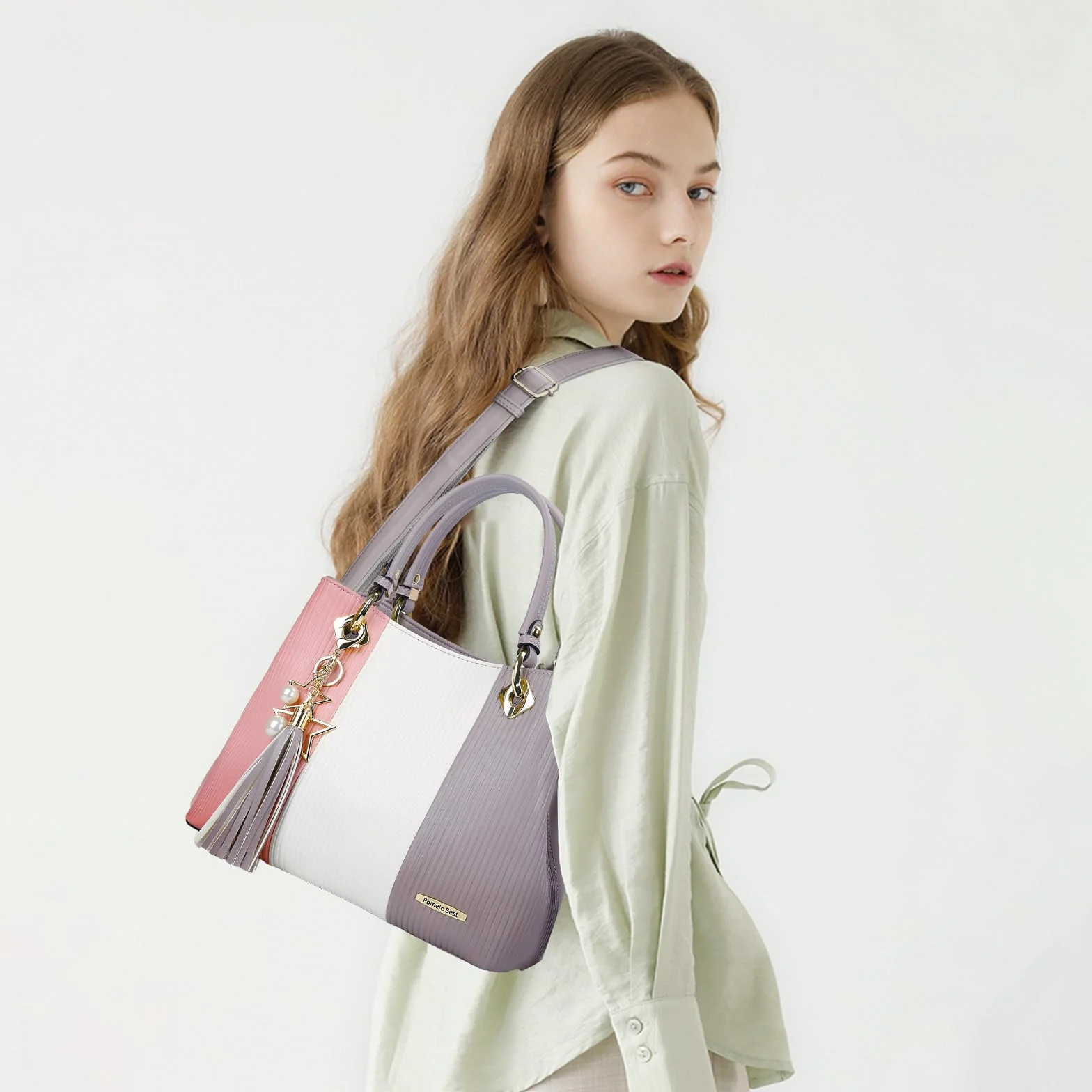 Pomelo Best Bolsos de Mujer, Bolso Señora Tote Multicolor Rayas PU Cuero Con Flecos Bolso Hombro Bolso Shopper perfecto para Trabajo, Diario Vida, Navidad y Fiesta ect (Rosa)