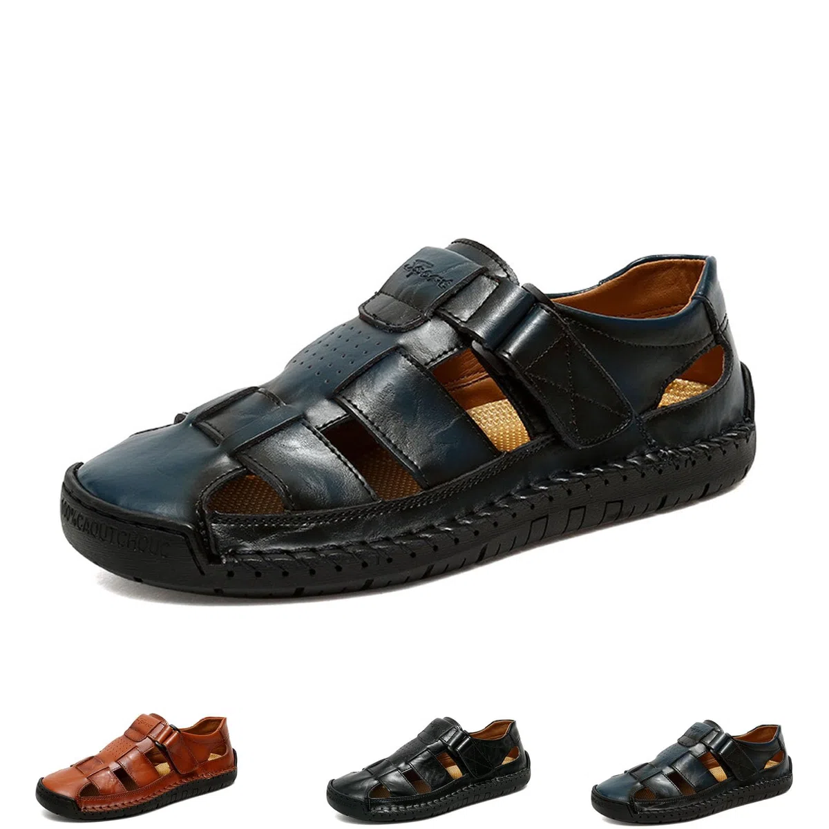Sandalias huecas de cuero elegantes para hombre, sandalias de vestir de cuero con puntera cerrada, antideslizantes, para senderismo, verano, antideslizantes, sandalias de playa con correa ajustable