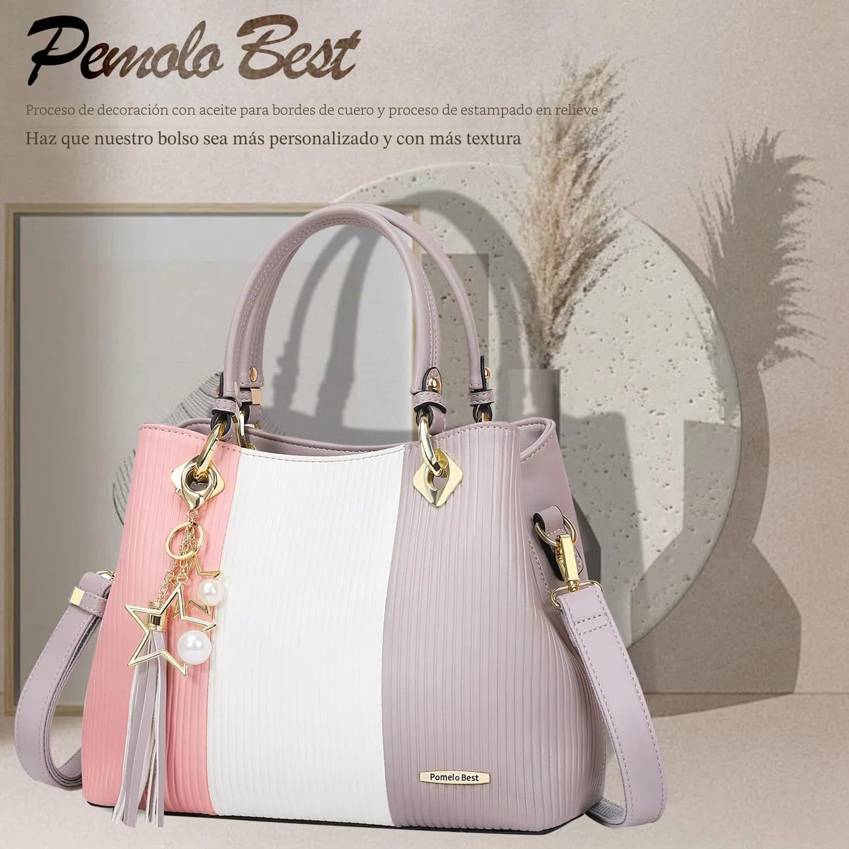 Pomelo Best Bolsos de Mujer, Bolso Señora Tote Multicolor Rayas PU Cuero Con Flecos Bolso Hombro Bolso Shopper perfecto para Trabajo, Diario Vida, Navidad y Fiesta ect (Rosa)