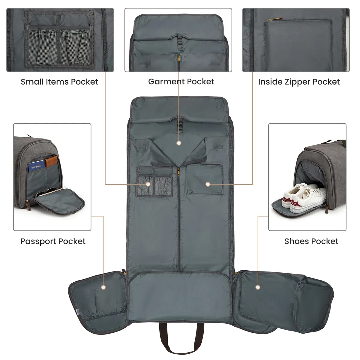 S-Zone Bolsa de Equipaje de Mano para Viajes, Bolsa de Ropa Convertible, Bolsa de Viaje, Bolsa de Traje para Hombres y Mujeres, 2 en 1, Maleta Colgante, Bolsa de Viaje de Negocios con Neceser, Gris