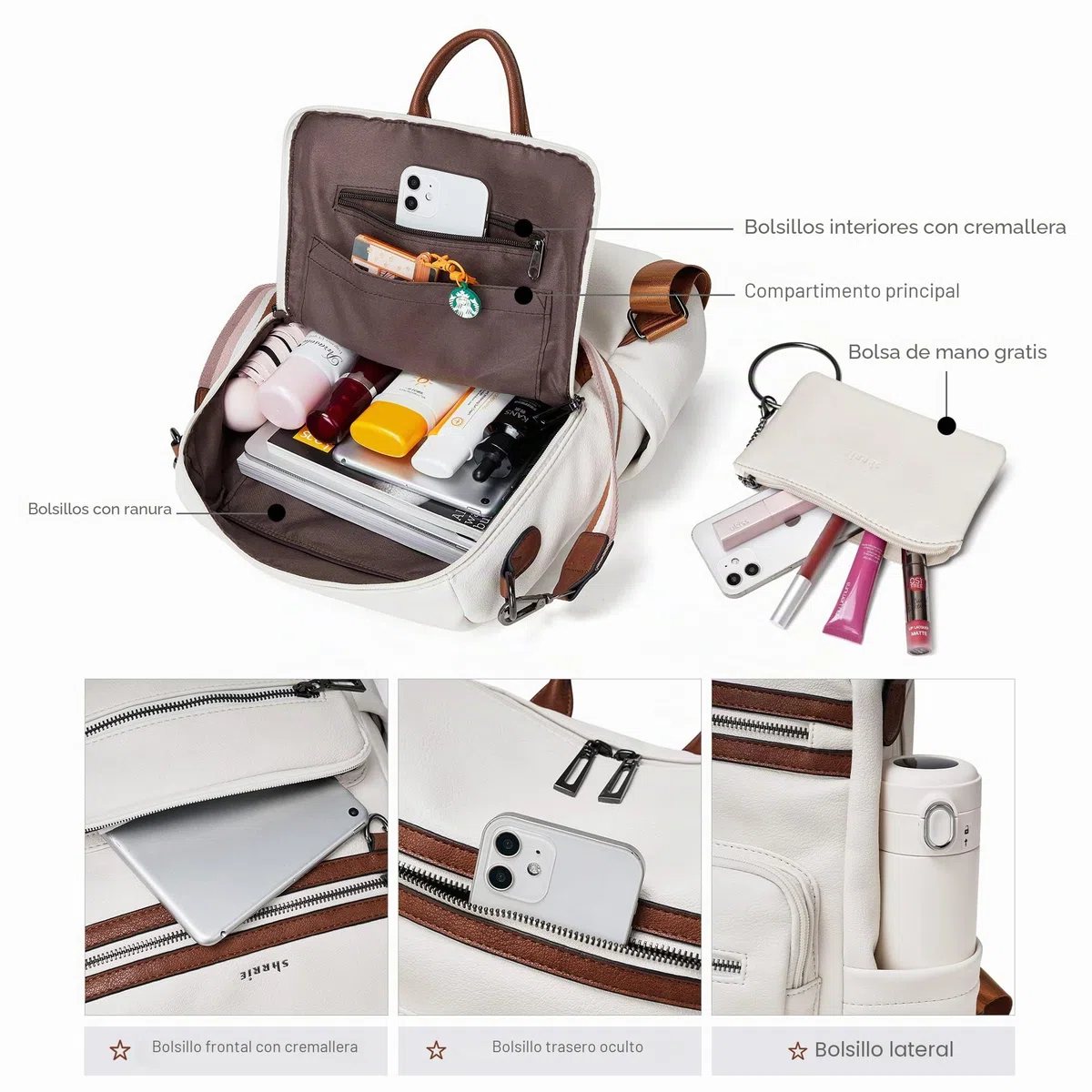 Shrrie Mochila Mujer, Bolso Mochila Antirrobo Mujer Impermeable Casual de Cuero, Mochilas de Viaje, Bolsa de Hombro Convertible con Pulsera Mochilas Daypack