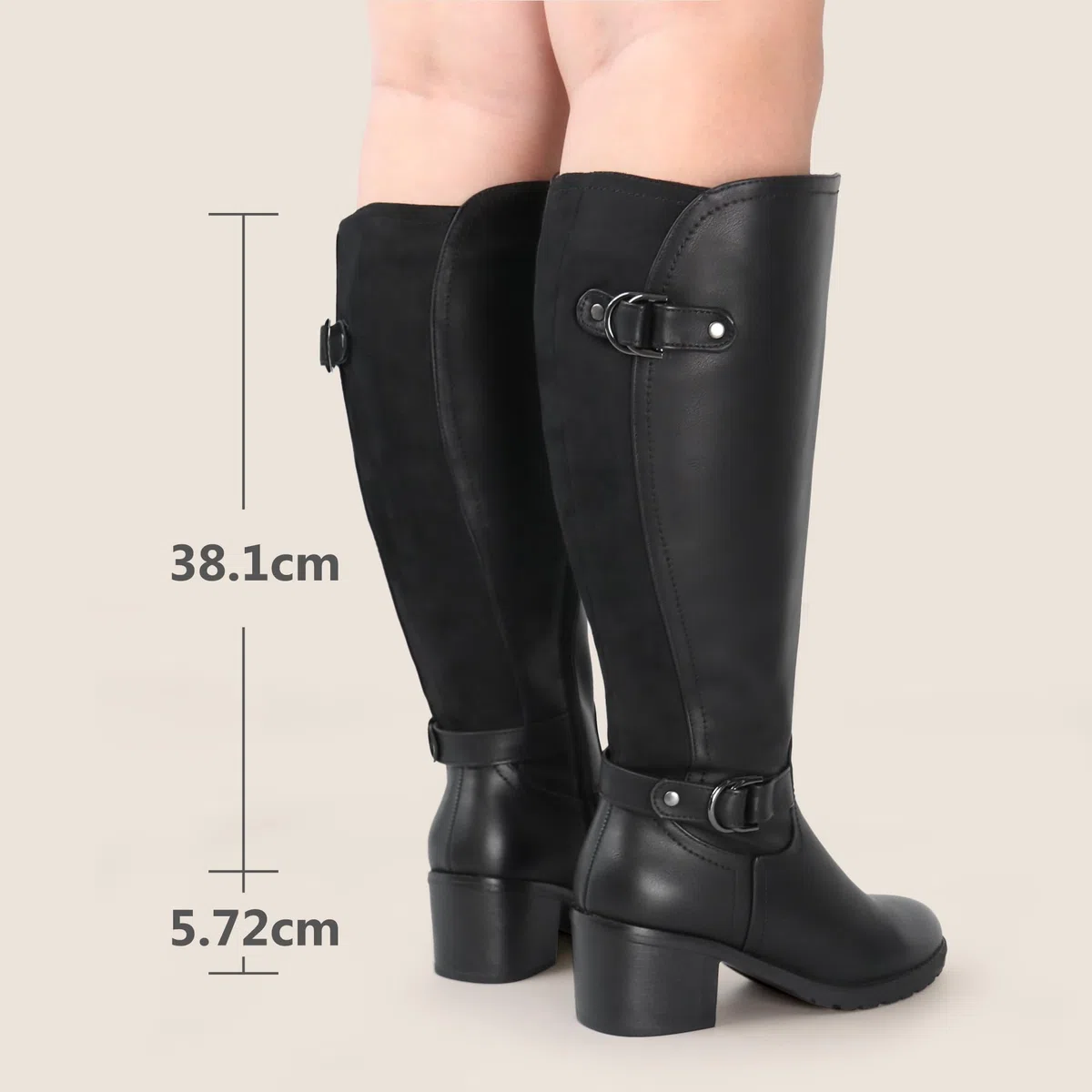 Botas altas de montar para mujer, de caña ancha, con tacón cuadrado y doble hebilla decorada